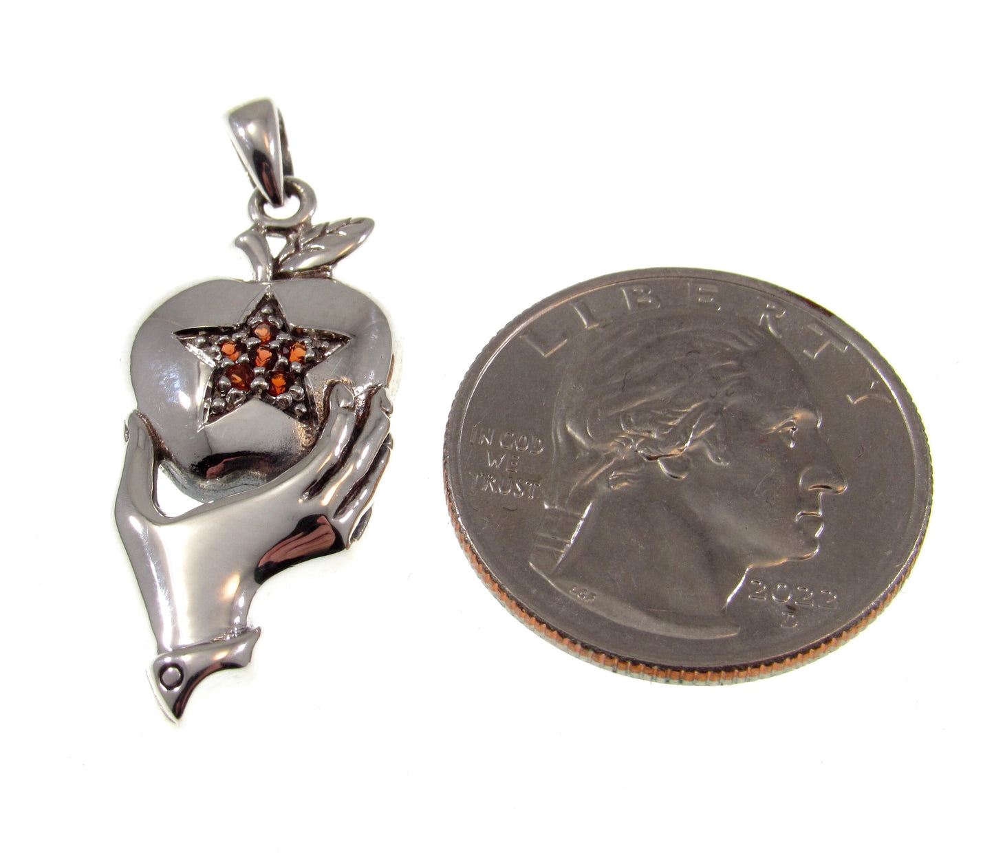 Solid 925 Sterling Silver Hand Holding Apple with Garnet and Marcasite Pentagram Pendant, Handcrafted Adam & Eve Forbidden Fruit Jewelry
