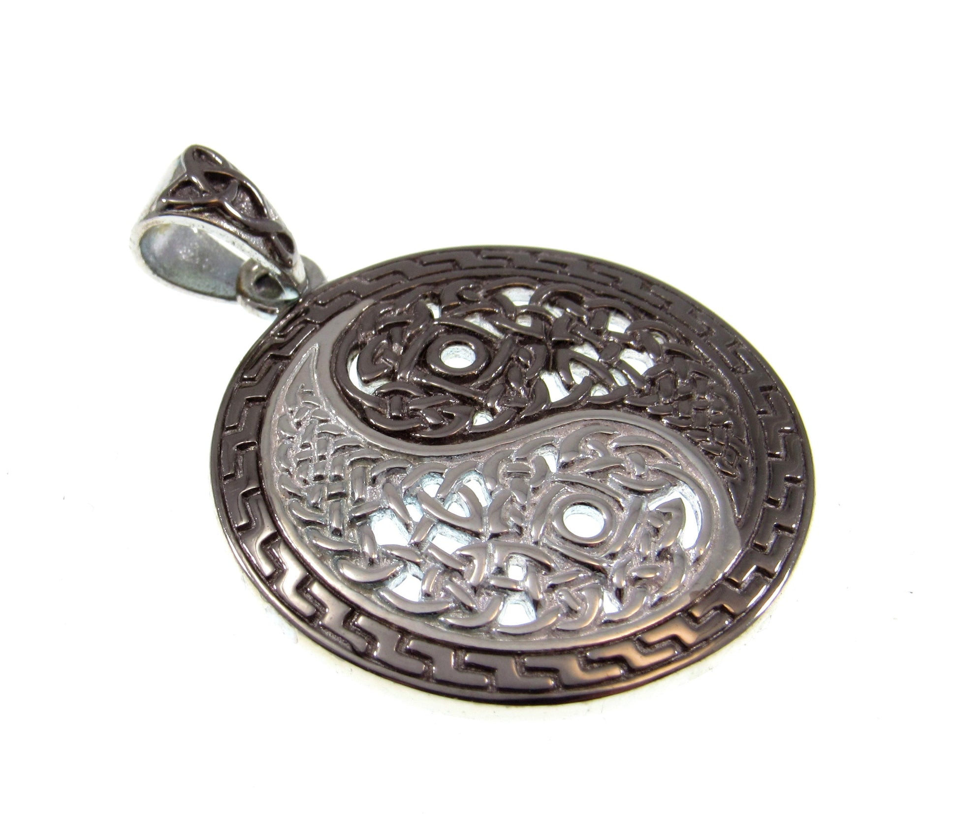 Solid 925 Sterling Silver Celtic Yin Yang Two Toned Pendant, Taijitu Symbol