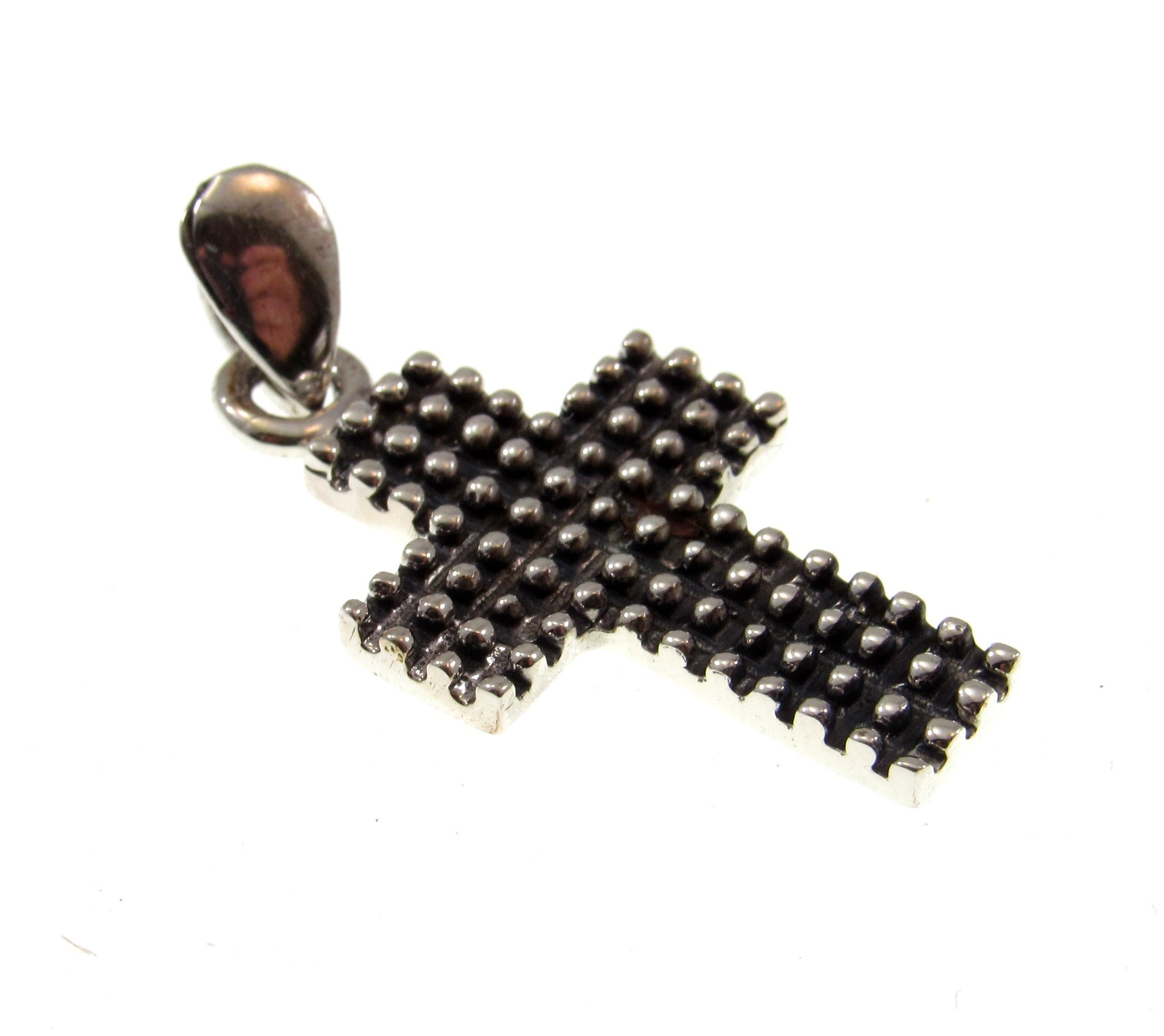 Solid 925 Sterling Silver Studded Cross - Textured Pendant, Handcrafted Religious Jewelry, Minimalist Christian Necklace Charm