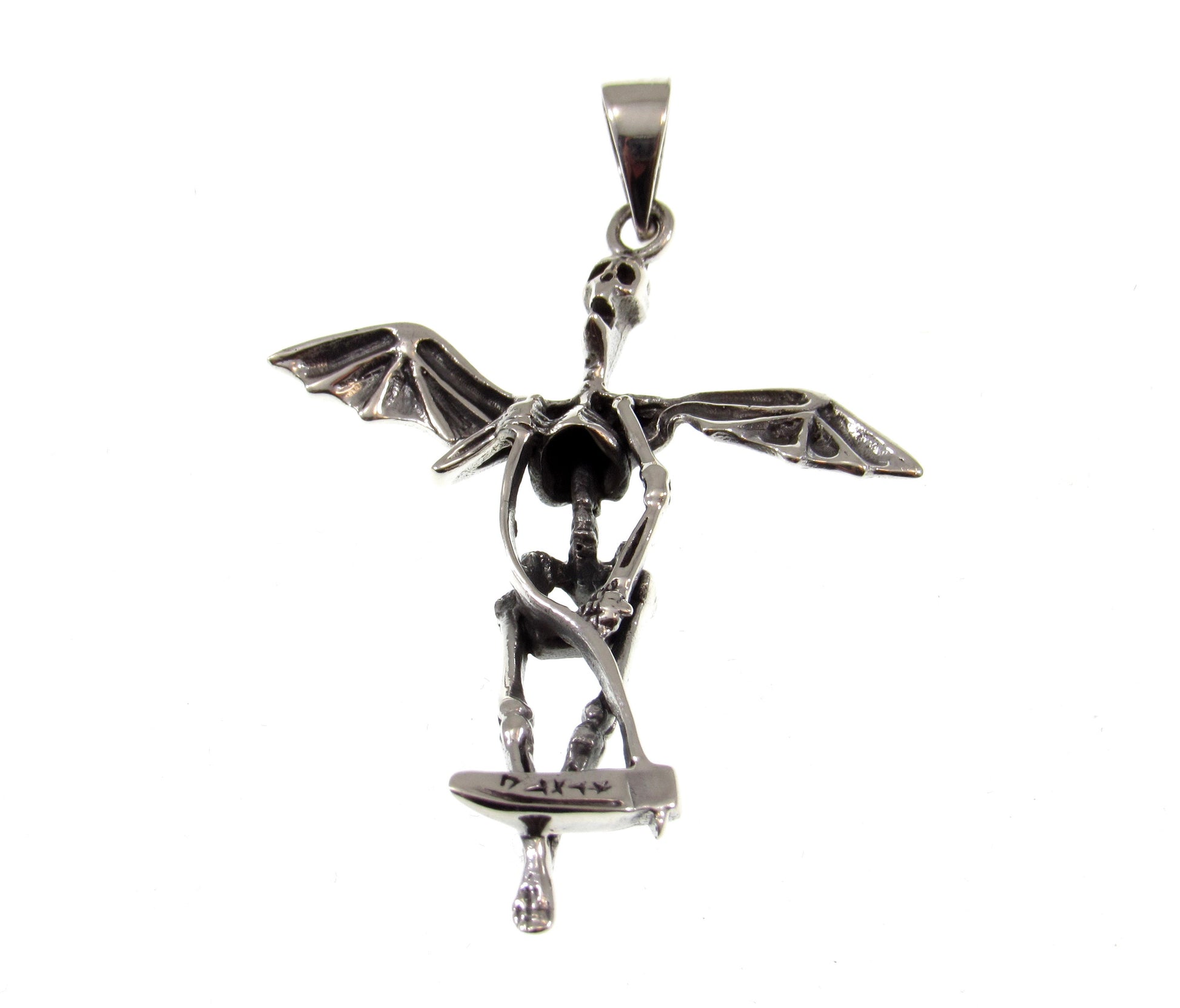 Solid 925 Sterling Silver Skeleton Wings Grim Reaper Pendant, Handcrafted Men's Biker / Punk / Rocker Jewelry
