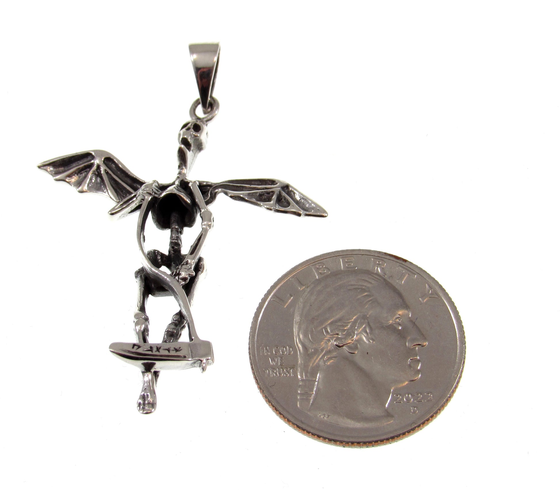 Solid 925 Sterling Silver Skeleton Wings Grim Reaper Pendant, Handcrafted Men's Biker / Punk / Rocker Jewelry