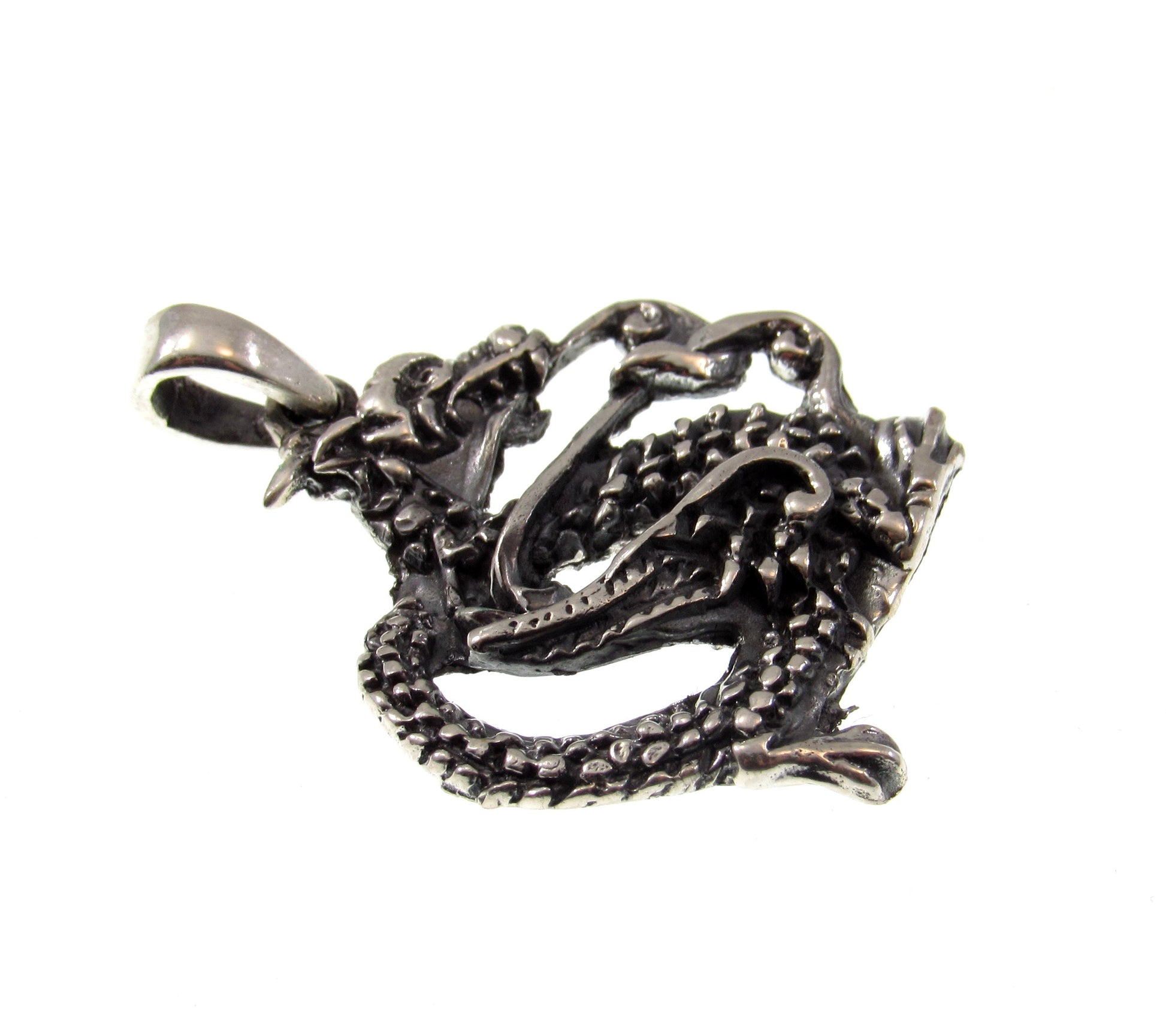 Solid 925 Sterling Silver Oxidized Coiled Dragon Pendant, Handcrafted Serpent / Fantasy Jewelry