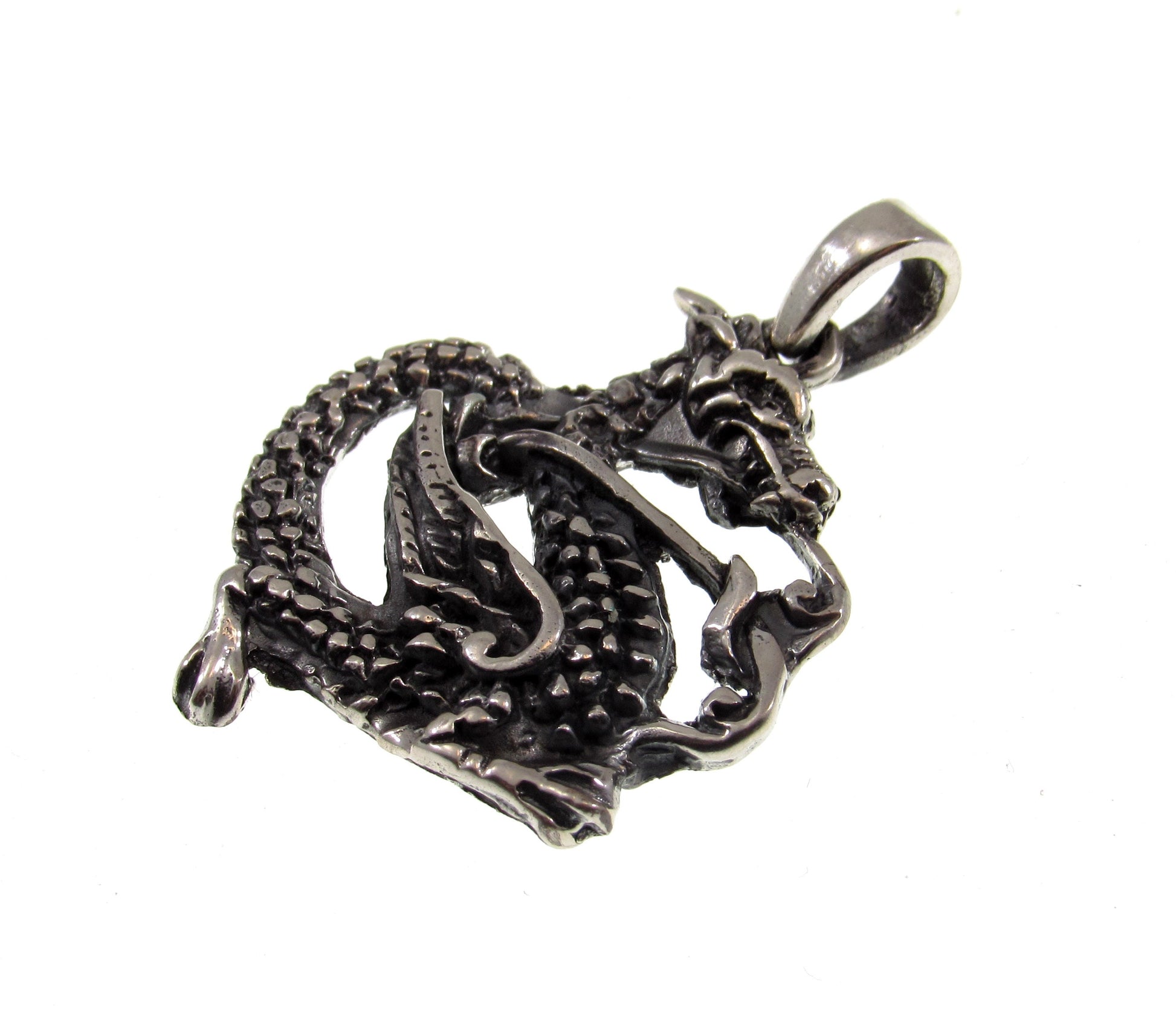 Solid 925 Sterling Silver Oxidized Coiled Dragon Pendant, Handcrafted Serpent / Fantasy Jewelry