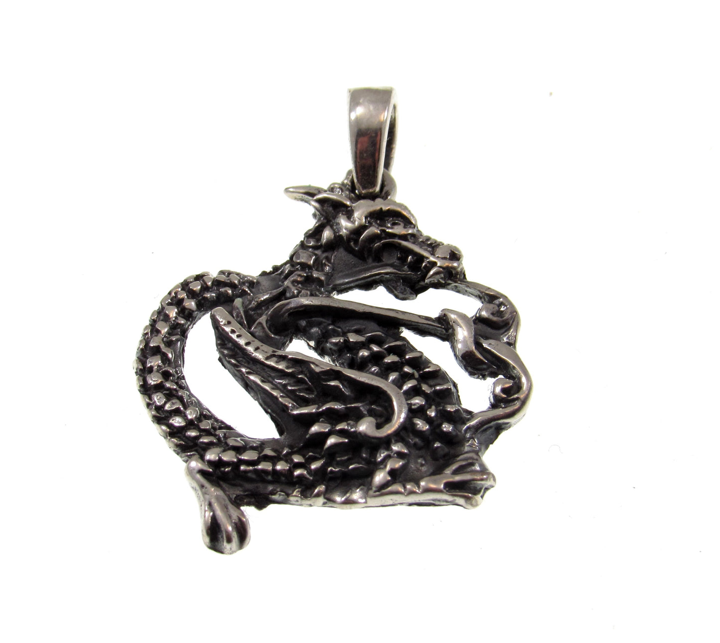 Solid 925 Sterling Silver Oxidized Coiled Dragon Pendant, Handcrafted Serpent / Fantasy Jewelry
