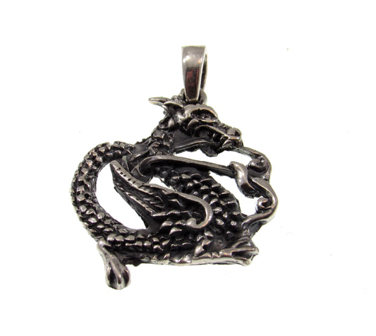 Solid 925 Sterling Silver Oxidized Coiled Dragon Pendant, Handcrafted Serpent / Fantasy Jewelry