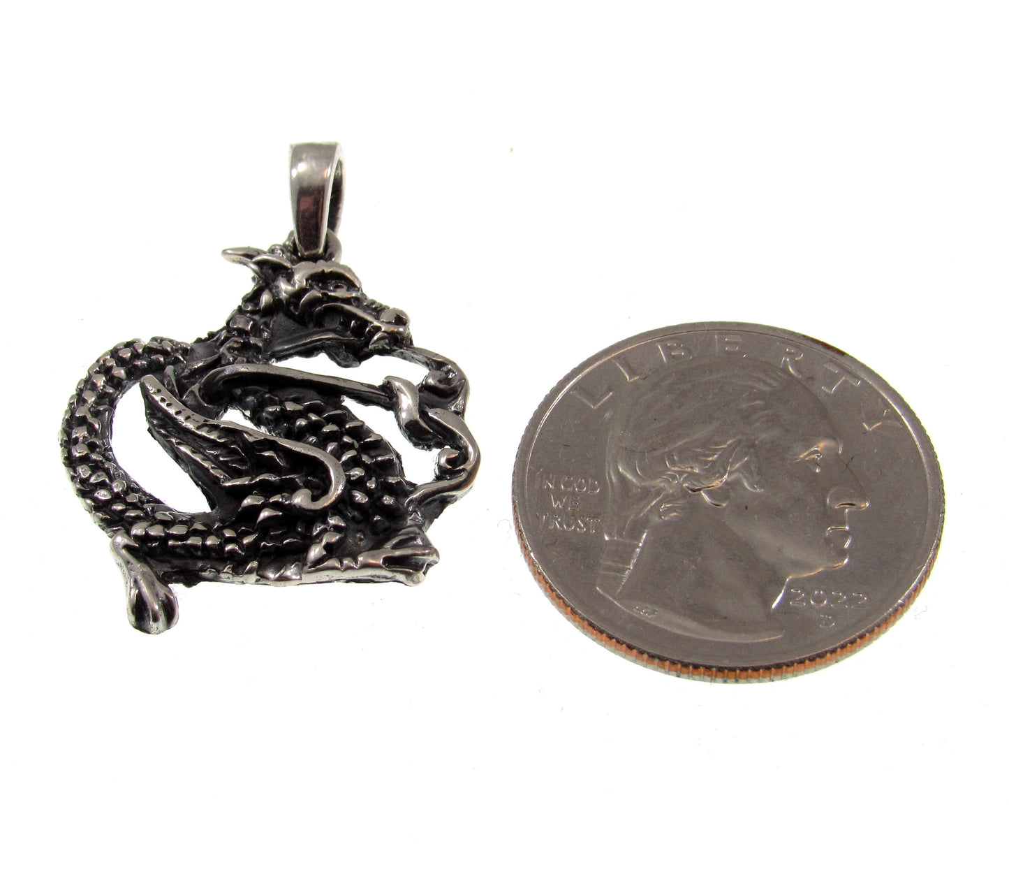 Solid 925 Sterling Silver Oxidized Coiled Dragon Pendant, Handcrafted Serpent / Fantasy Jewelry