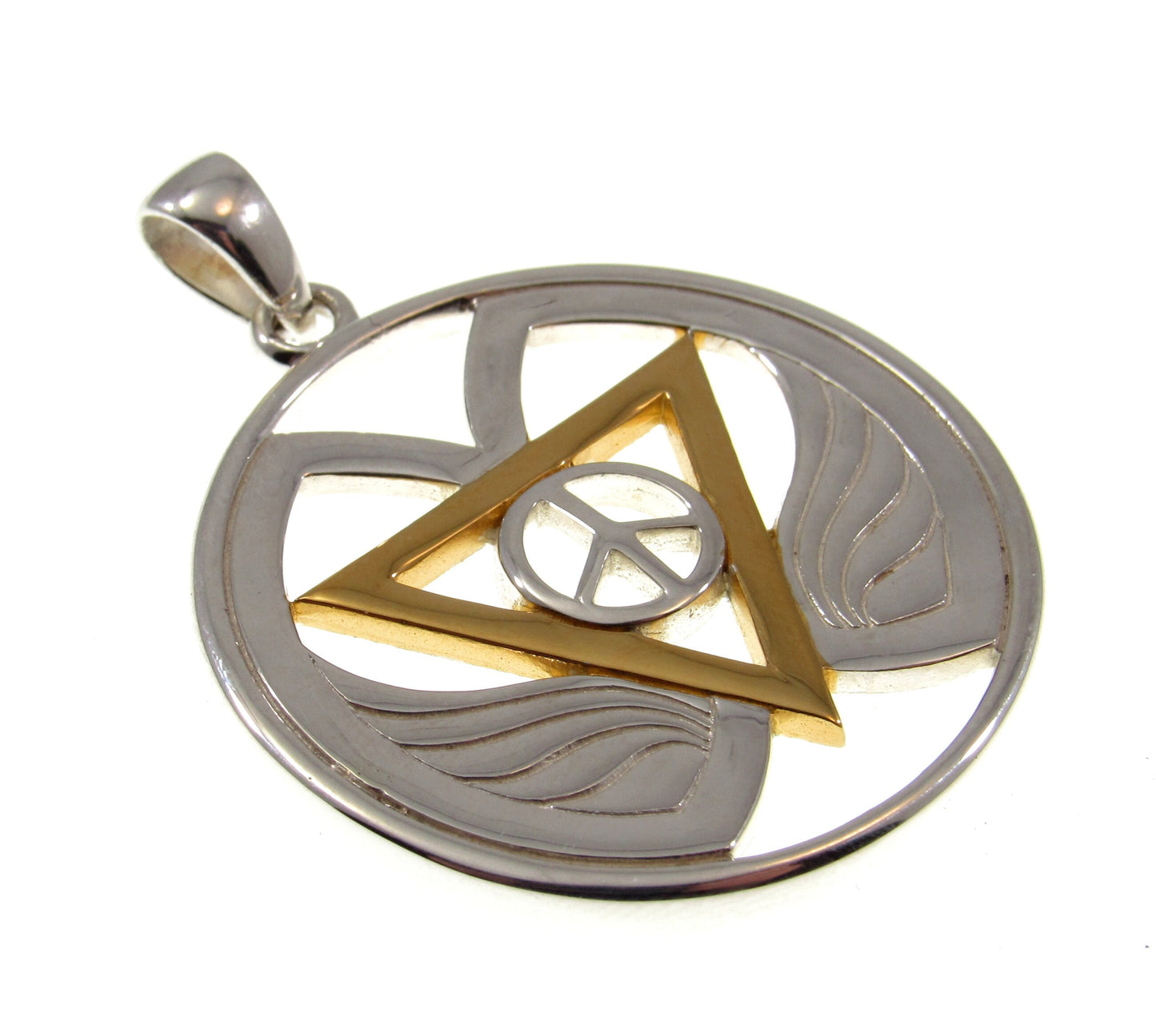 Solid 925 Sterling Silver & 18k Gold Goddess Wings Peace of Feminine Power Pendant, Handcrafted Inverted Triangle and Peace Sign Amulet