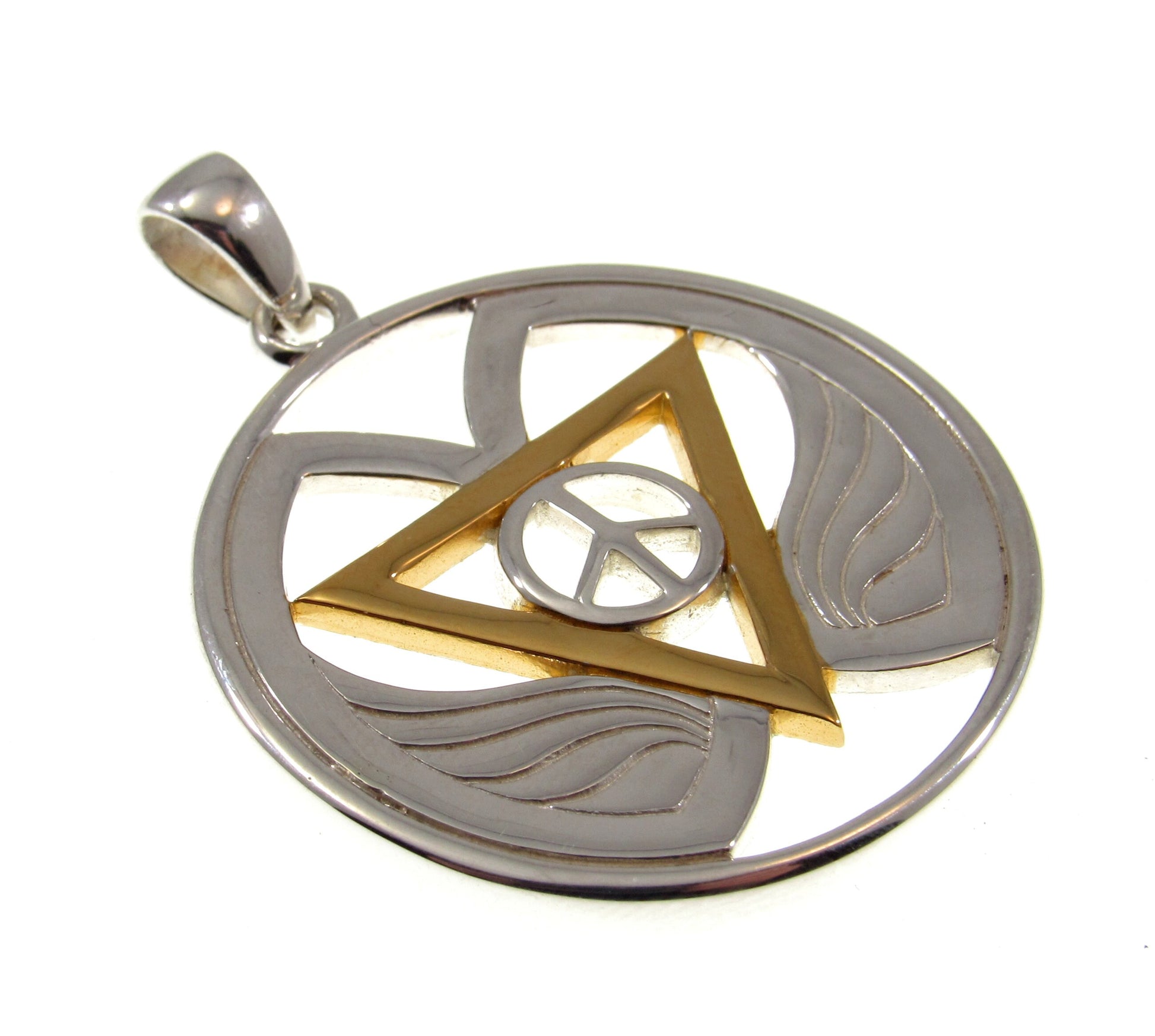 Solid 925 Sterling Silver & 18k Gold Goddess Wings Peace of Feminine Power Pendant, Handcrafted Inverted Triangle and Peace Sign Amulet