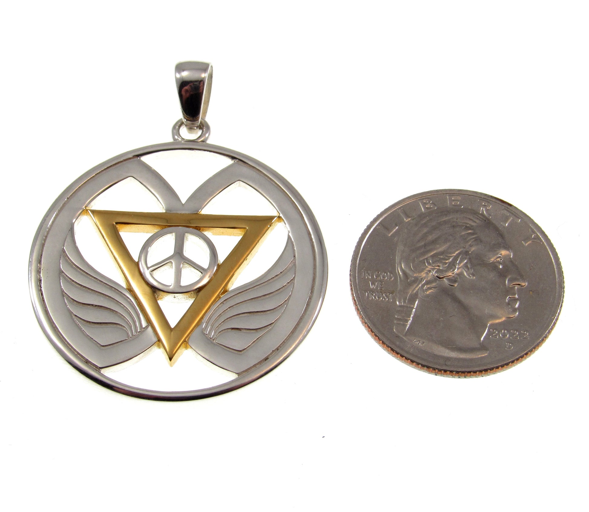 Solid 925 Sterling Silver & 18k Gold Goddess Wings Peace of Feminine Power Pendant, Handcrafted Inverted Triangle and Peace Sign Amulet