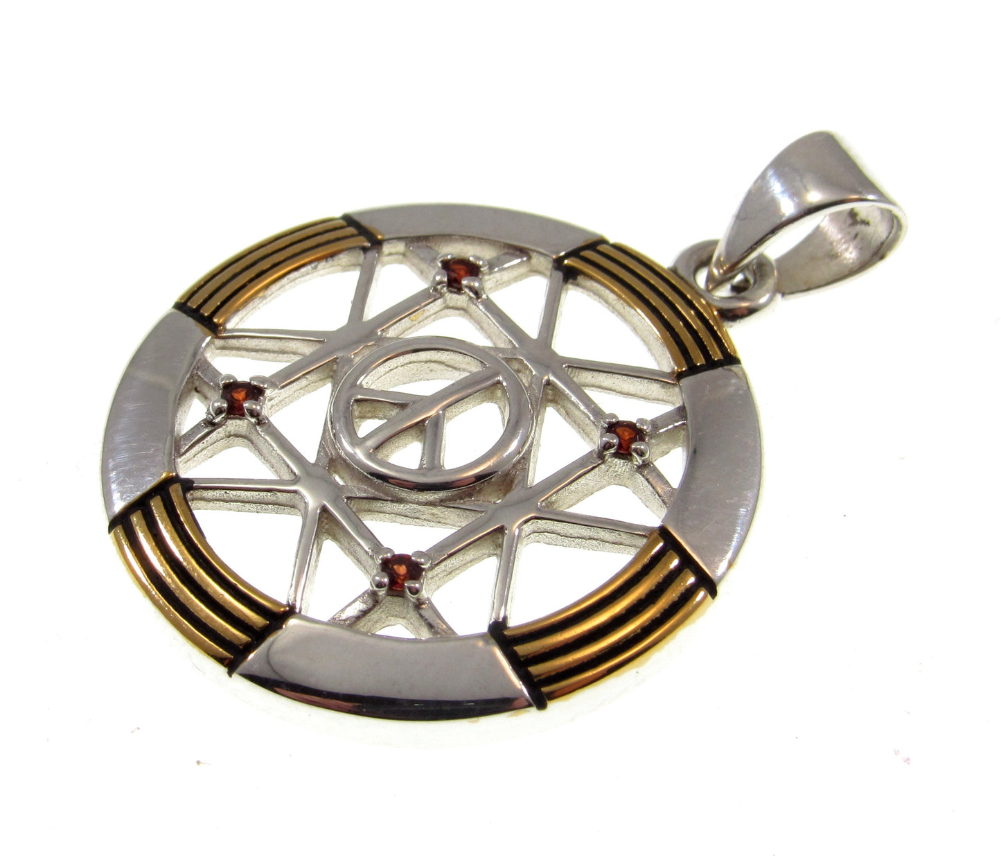 Solid 925 Sterling Silver & 14k Gold Vermeil Geometric Peace Centralization Pendant, Handcrafted Garnet Magic Amulet Jewelry