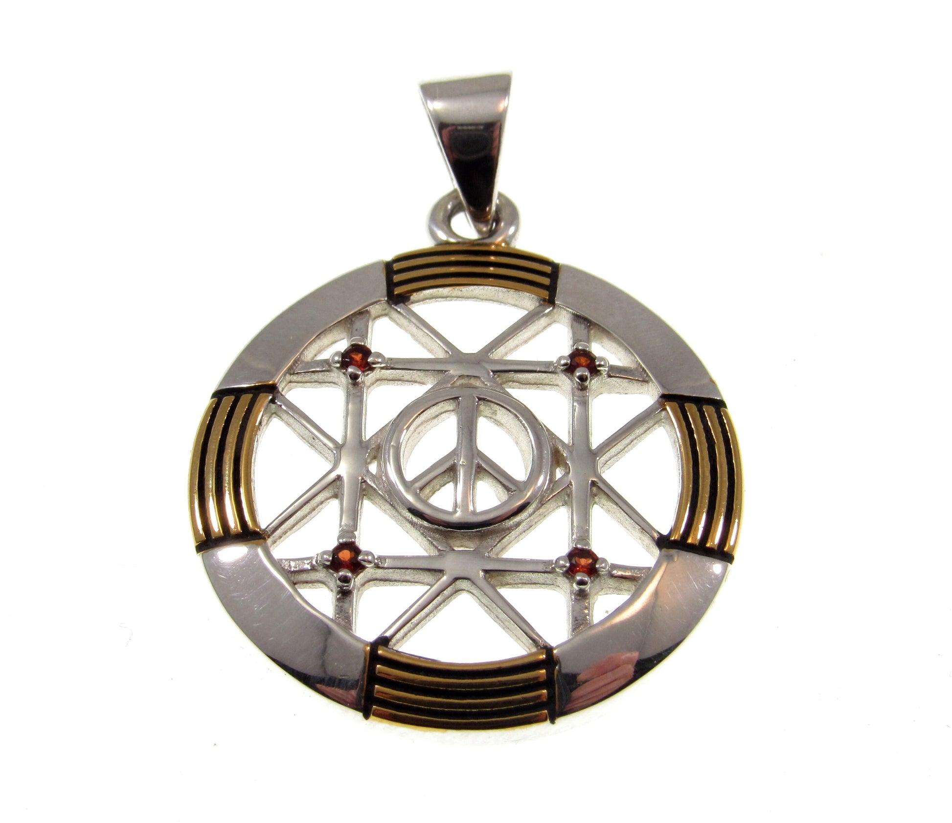Solid 925 Sterling Silver & 14k Gold Vermeil Geometric Peace Centralization Pendant, Handcrafted Garnet Magic Amulet Jewelry