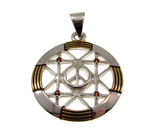Solid 925 Sterling Silver & 14k Gold Vermeil Geometric Peace Centralization Pendant, Handcrafted Garnet Magic Amulet Jewelry