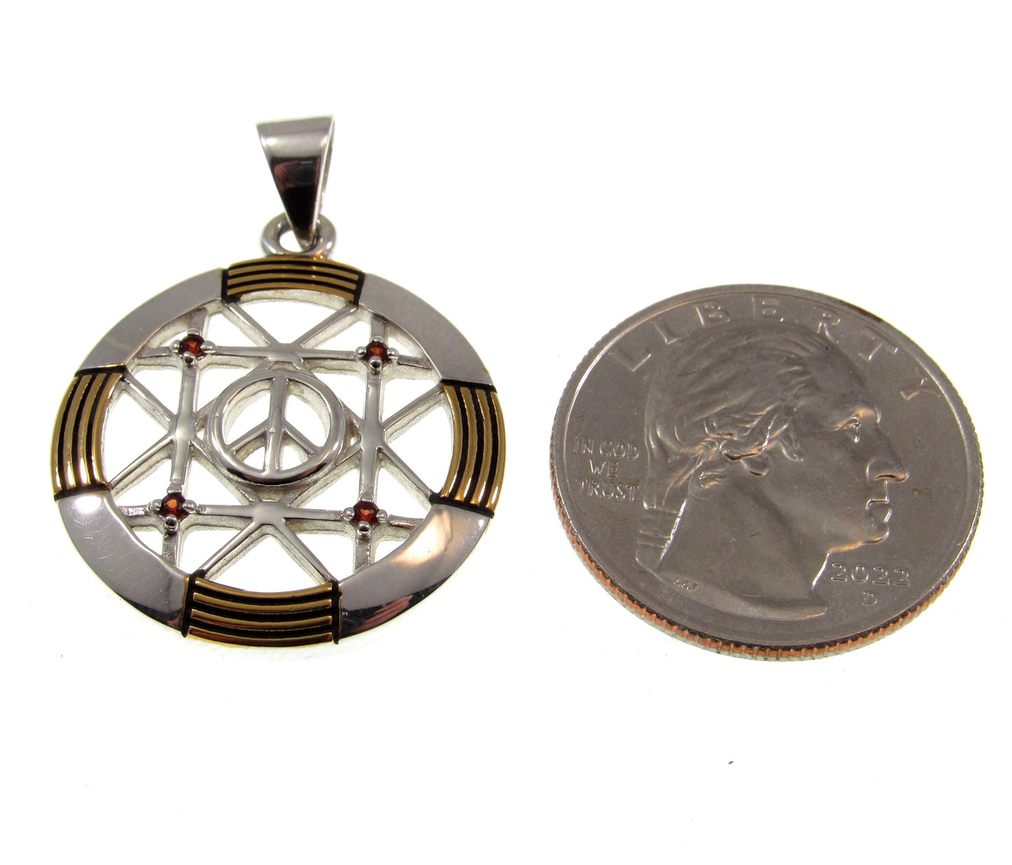 Solid 925 Sterling Silver & 14k Gold Vermeil Geometric Peace Centralization Pendant, Handcrafted Garnet Magic Amulet Jewelry