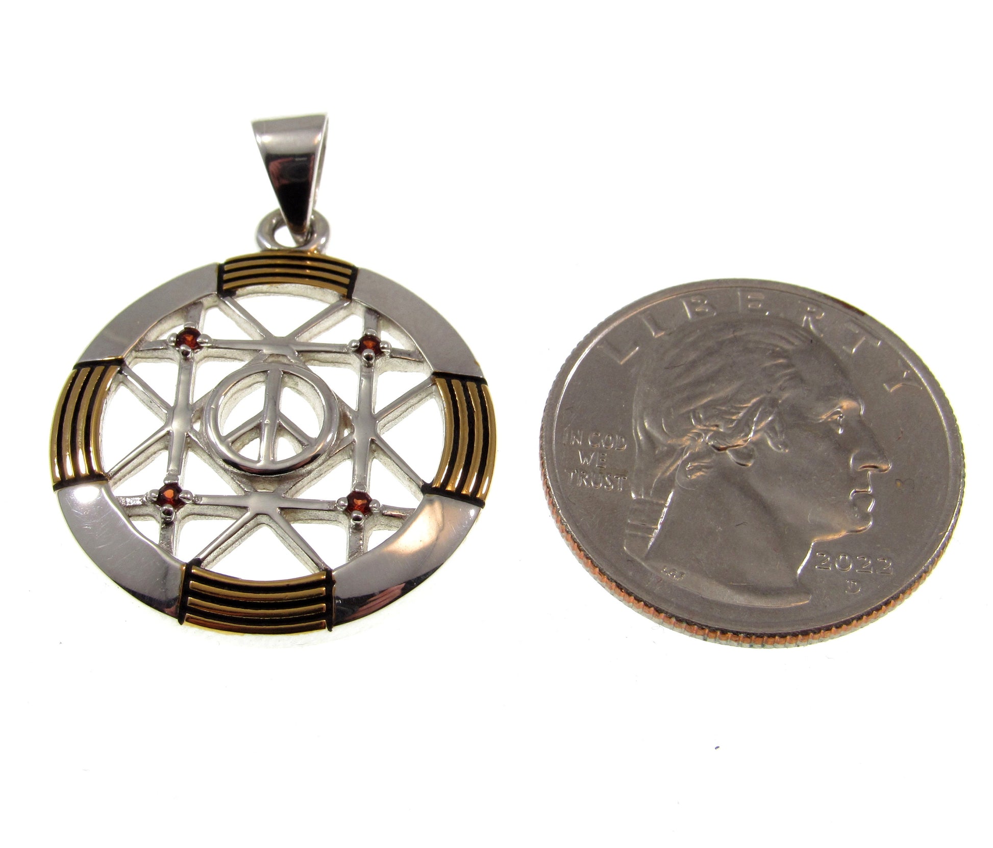 Solid 925 Sterling Silver & 14k Gold Vermeil Geometric Peace Centralization Pendant, Handcrafted Garnet Magic Amulet Jewelry