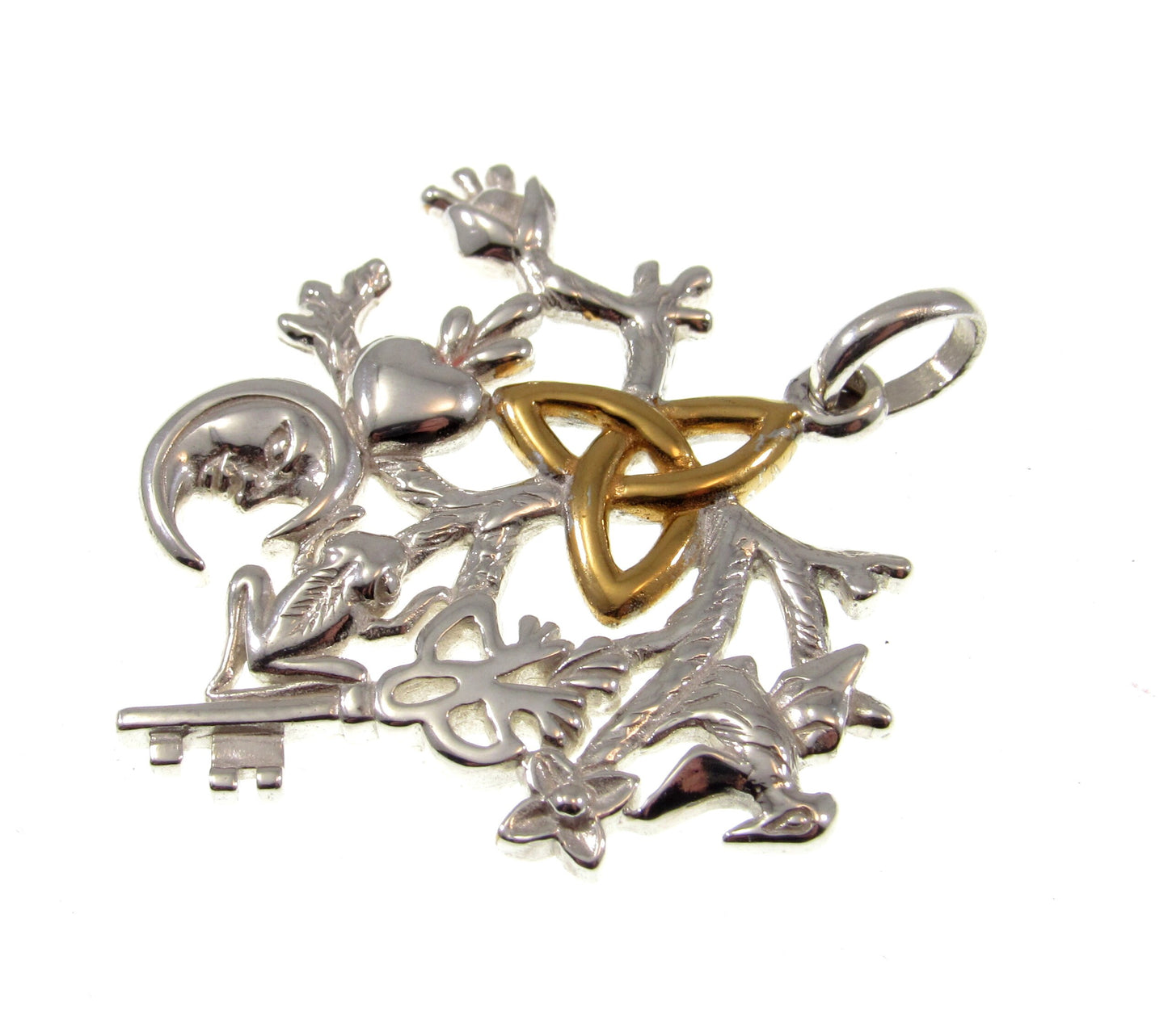 Solid 925 Sterling Silver & 14k Gold Cimaruta Witch Pendant, Celtic Trinity Symbol, Italian Talisman Jewelry, Evil Eye Protection Amulet