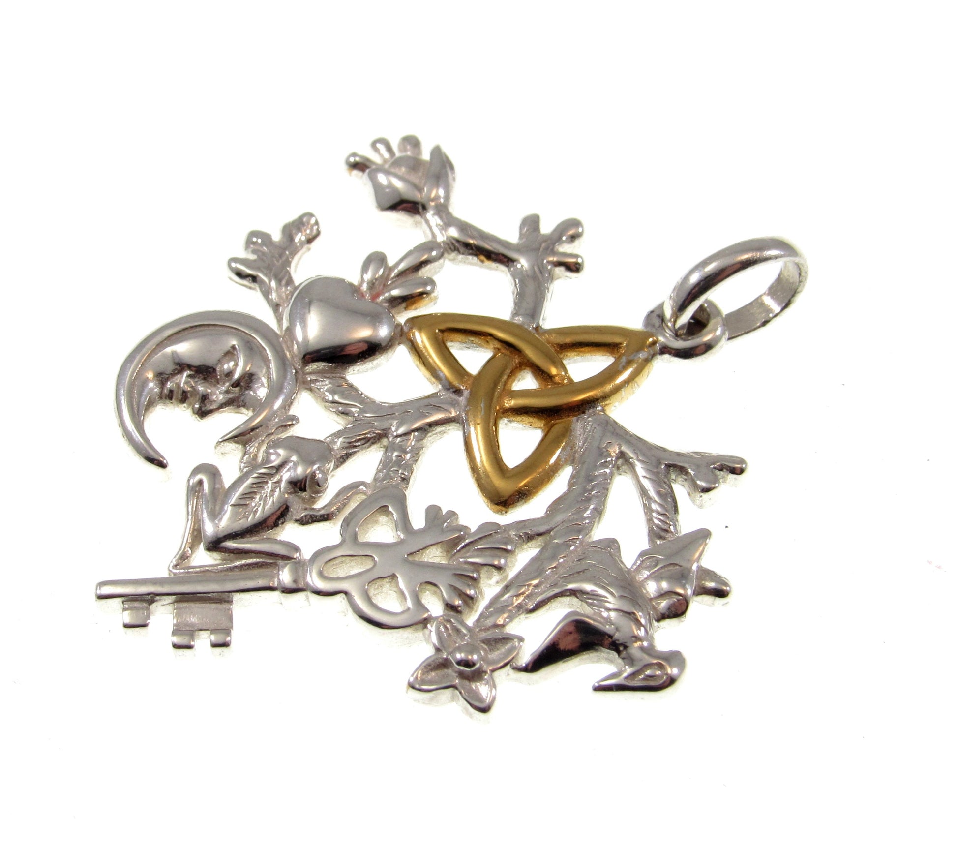 Solid 925 Sterling Silver & 14k Gold Cimaruta Witch Pendant, Celtic Trinity Symbol, Italian Talisman Jewelry, Evil Eye Protection Amulet