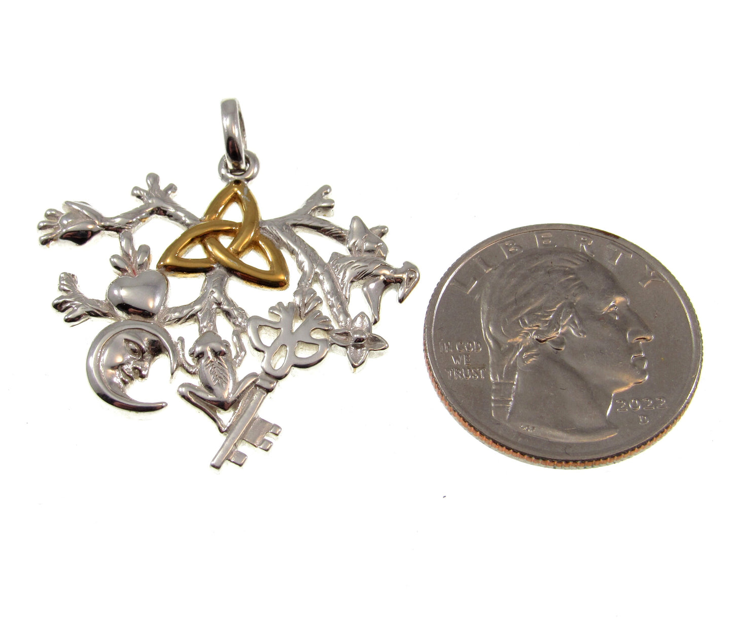 Solid 925 Sterling Silver & 14k Gold Cimaruta Witch Pendant, Celtic Trinity Symbol, Italian Talisman Jewelry, Evil Eye Protection Amulet