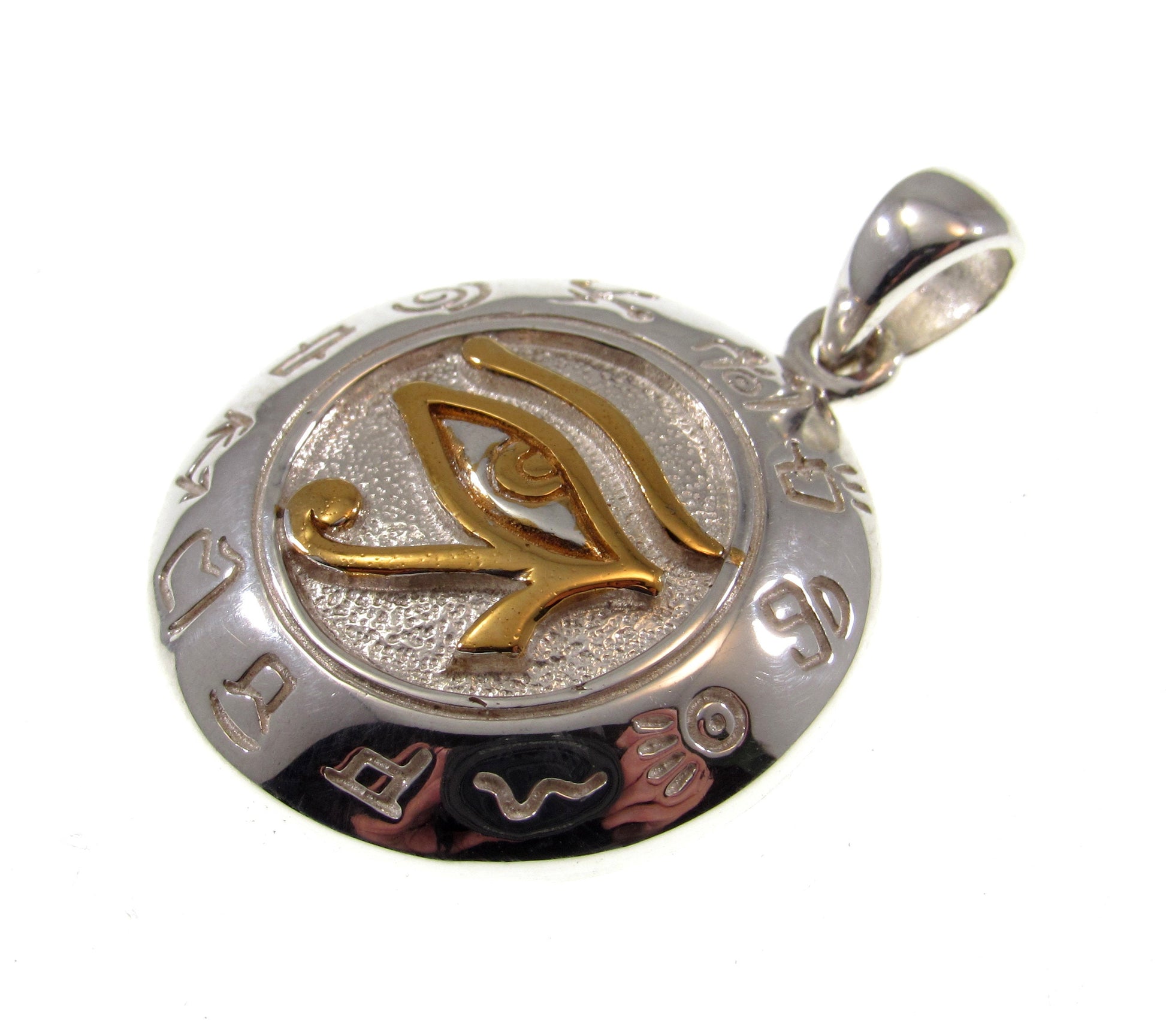 Solid 925 Sterling Silver & Gold Vermeil Egyptian Eye of Horus Pendant with Zodiac Symbols, Eye of Ra Amulet, Protection Jewelry