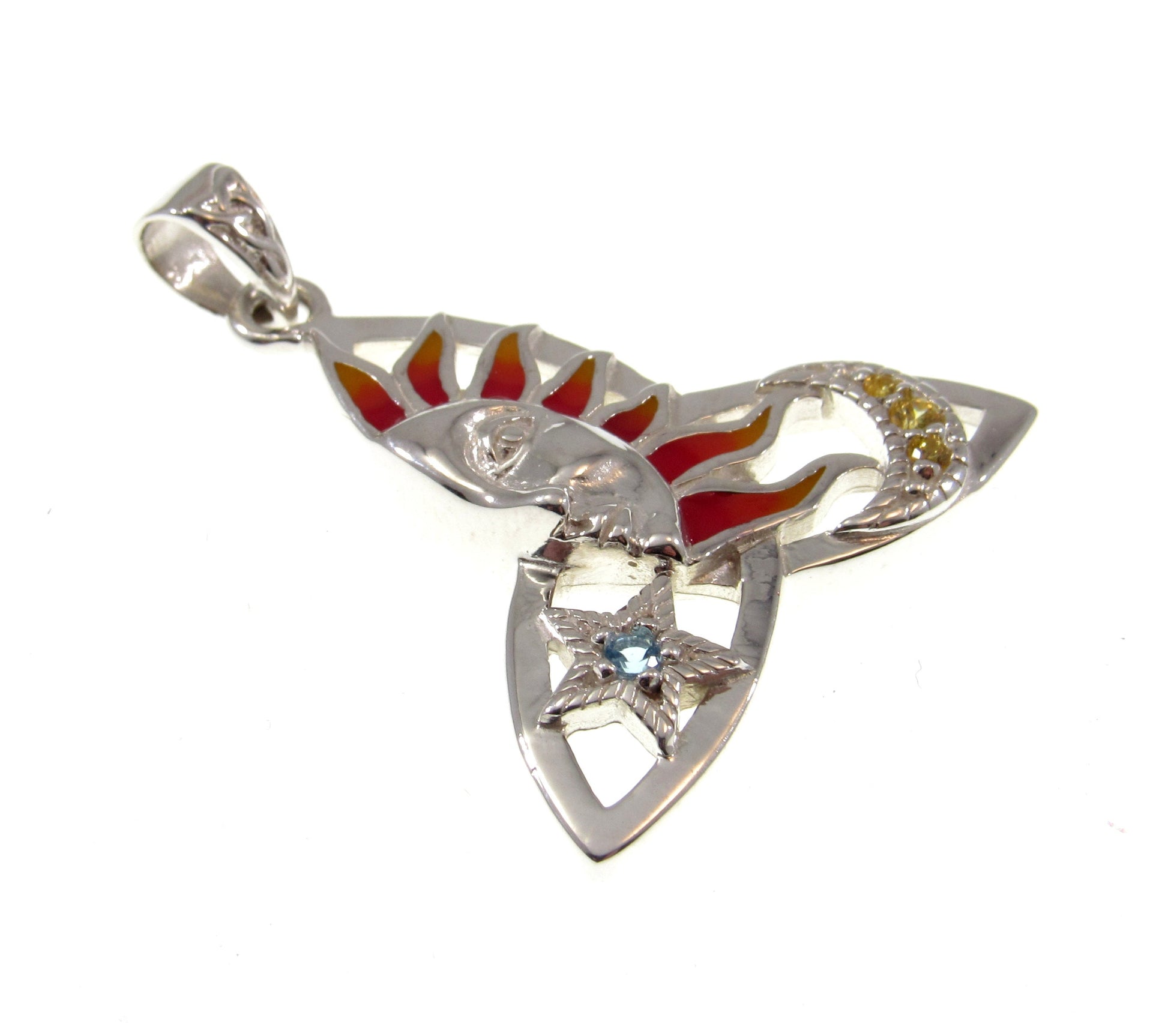 Solid 925 Sterling Silver & Red Enamel Celtic Trinity Knot Pendant, Handcrafted Celestial Sun, Moon, and Star Amulet with Blue Topaz