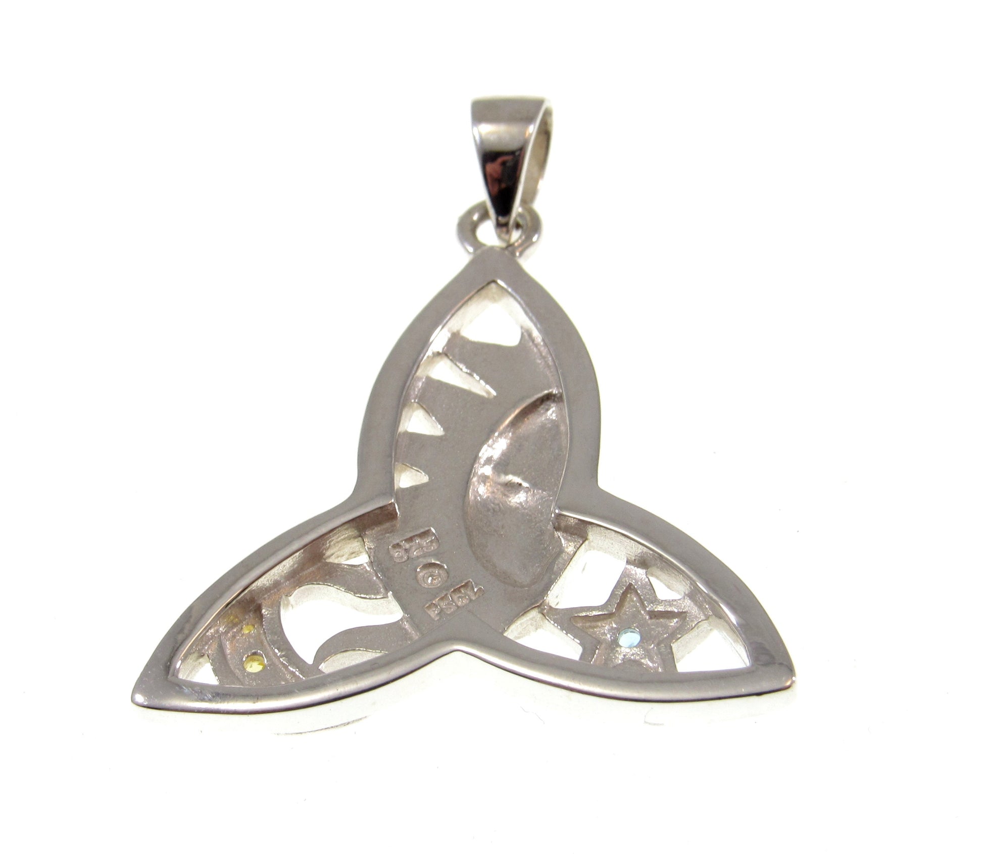 Solid 925 Sterling Silver & Red Enamel Celtic Trinity Knot Pendant, Handcrafted Celestial Sun, Moon, and Star Amulet with Blue Topaz