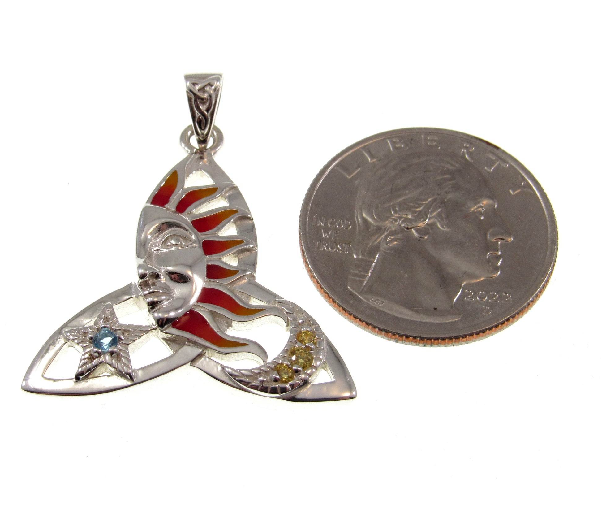 Solid 925 Sterling Silver & Red Enamel Celtic Trinity Knot Pendant, Handcrafted Celestial Sun, Moon, and Star Amulet with Blue Topaz