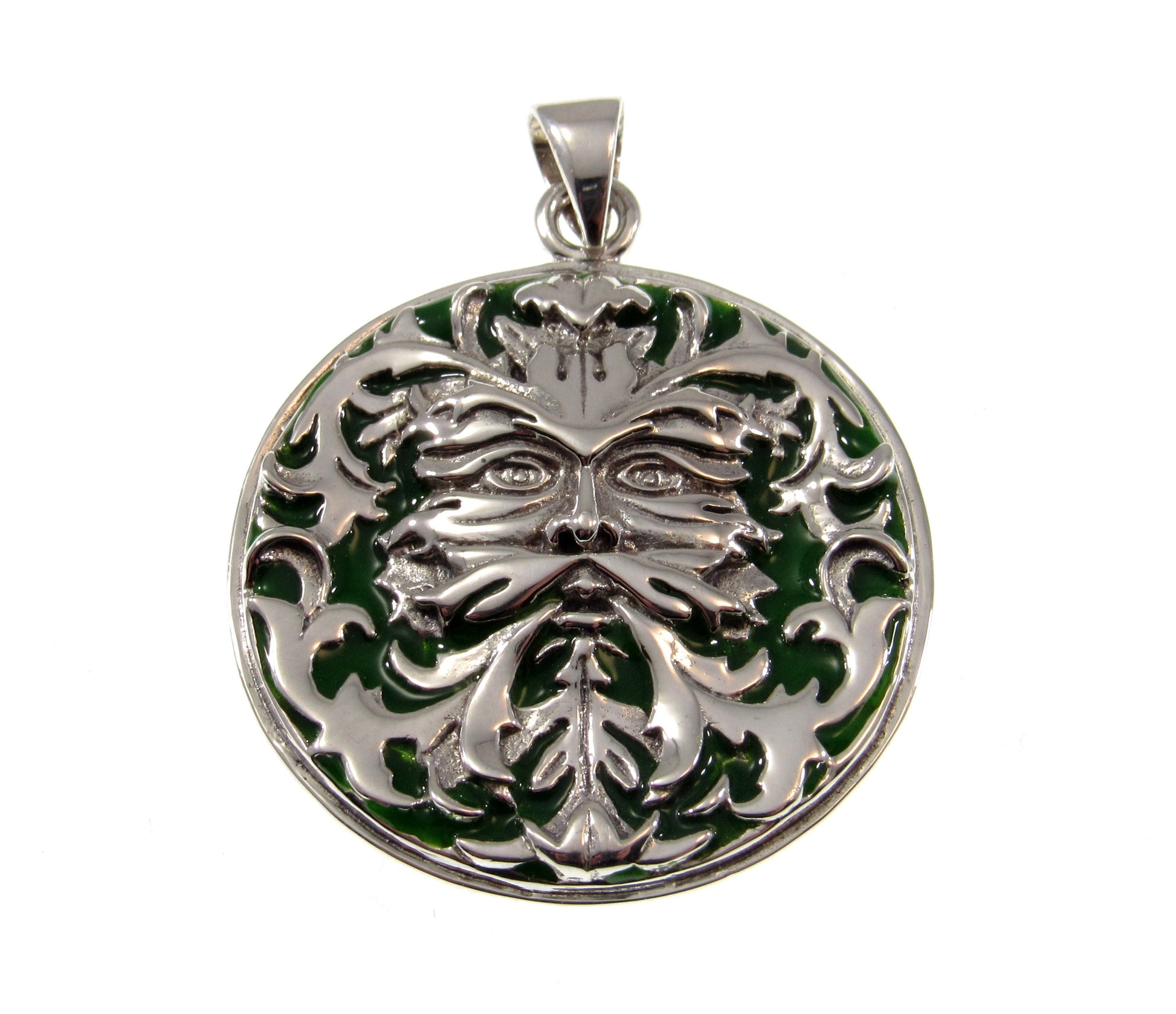 Solid 925 Sterling Silver Celtic Enameled Green Man Pendant, Handcrafted Jewelry Designed by Wizard Oberon Zell