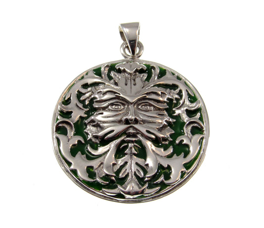 Solid 925 Sterling Silver Celtic Enameled Green Man Pendant, Handcrafted Jewelry Designed by Wizard Oberon Zell