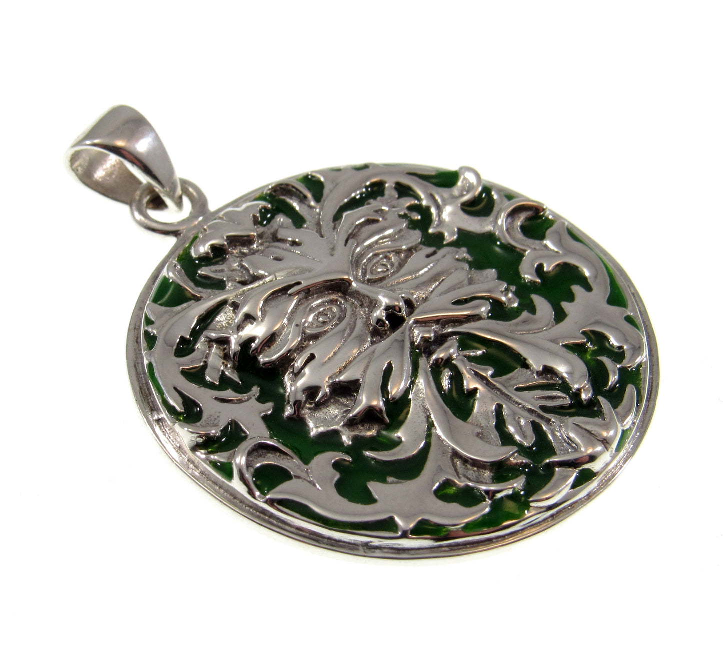 Solid 925 Sterling Silver Celtic Enameled Green Man Pendant, Handcrafted Jewelry Designed by Wizard Oberon Zell