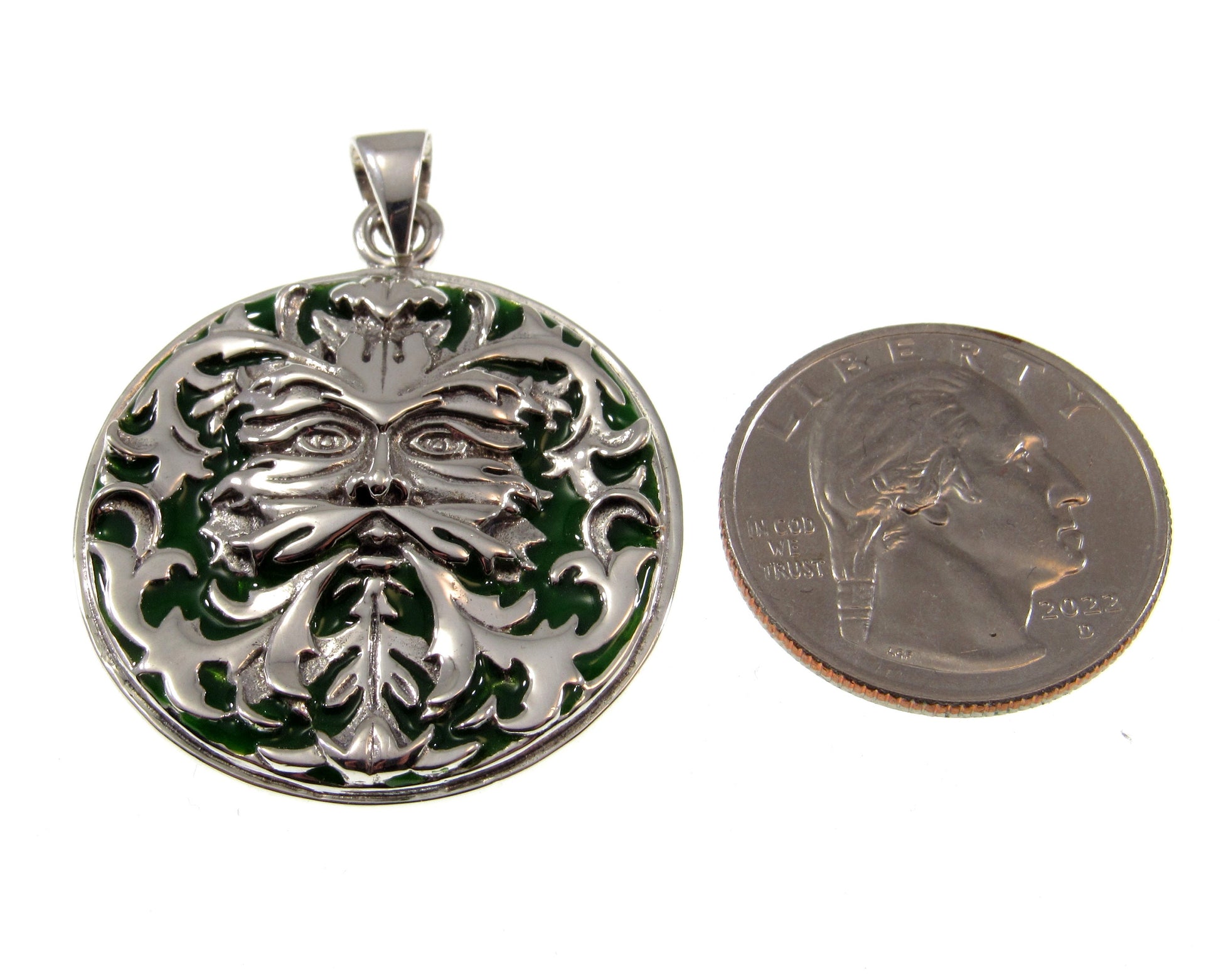 Solid 925 Sterling Silver Celtic Enameled Green Man Pendant, Handcrafted Jewelry Designed by Wizard Oberon Zell