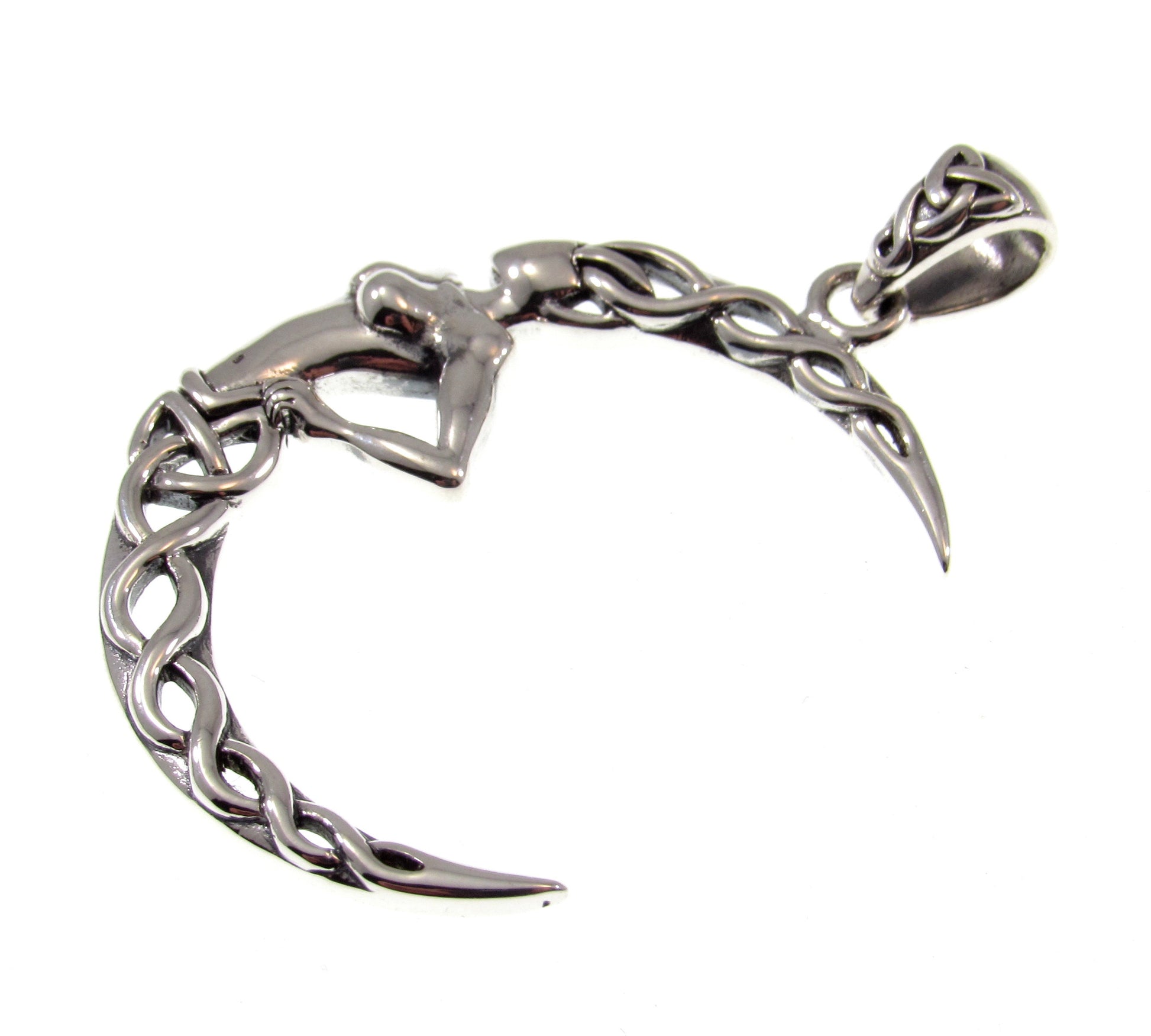 Solid 925 Sterling Silver Celtic Knot Moon Goddess Pendant, Handcrafted Pagan Wicca Celestial Amulet