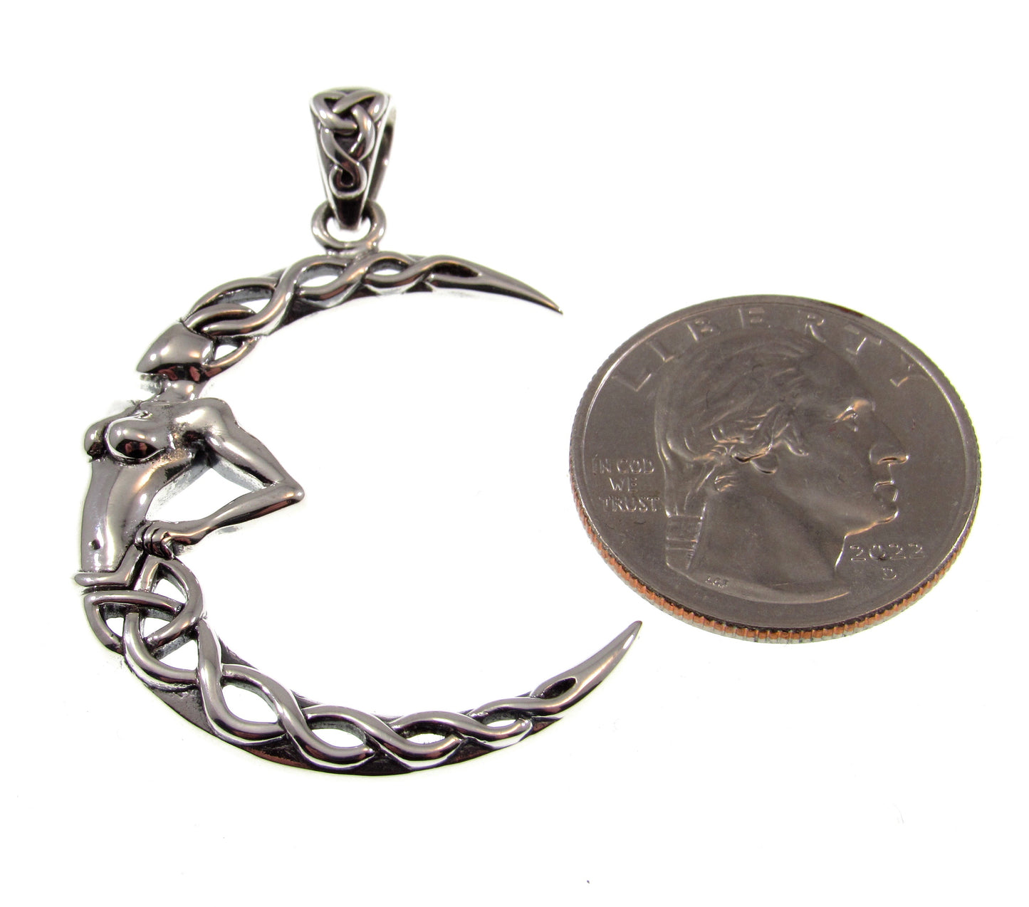 Solid 925 Sterling Silver Celtic Knot Moon Goddess Pendant, Handcrafted Pagan Wicca Celestial Amulet
