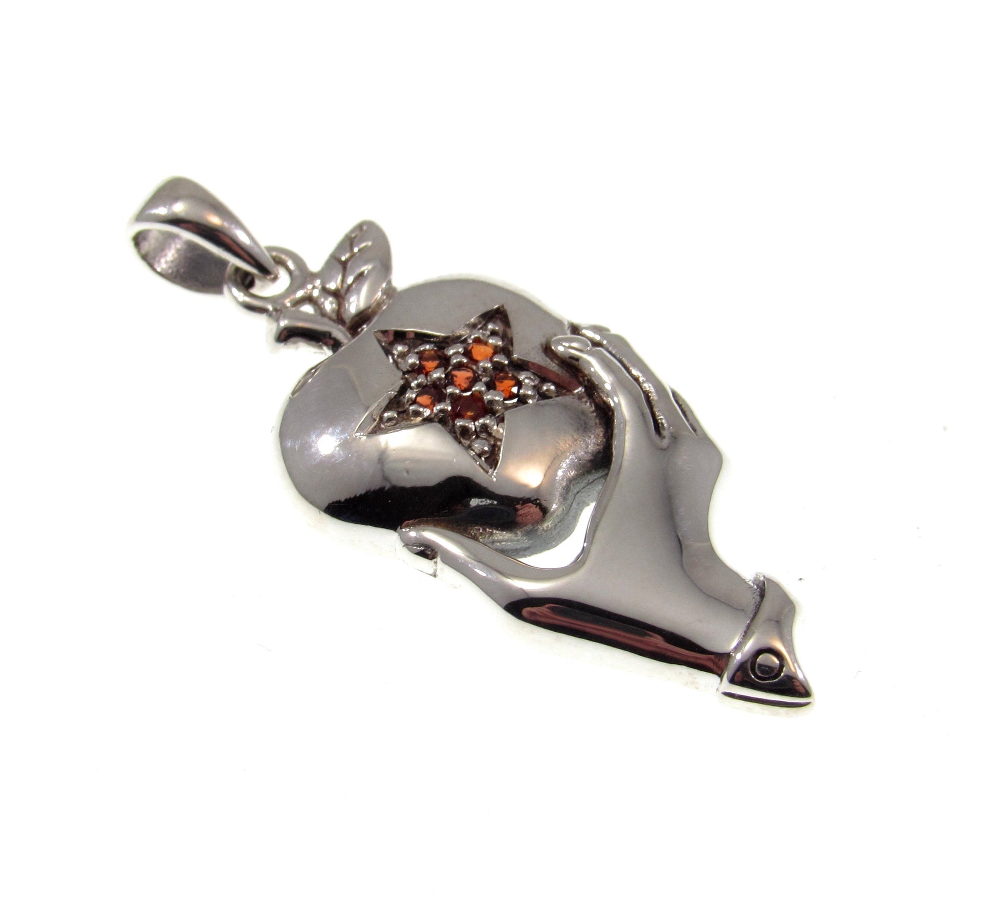 Solid 925 Sterling Silver Hand Holding Apple with Garnet and Marcasite Pentagram Pendant, Handcrafted Adam & Eve Forbidden Fruit Jewelry