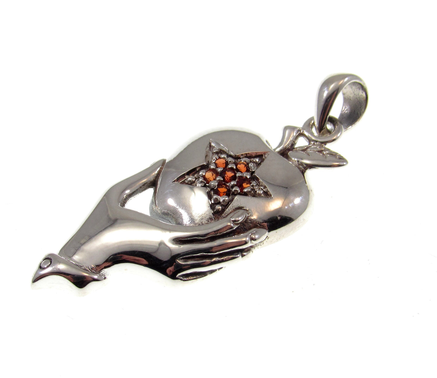 Solid 925 Sterling Silver Hand Holding Apple with Garnet and Marcasite Pentagram Pendant, Handcrafted Adam & Eve Forbidden Fruit Jewelry