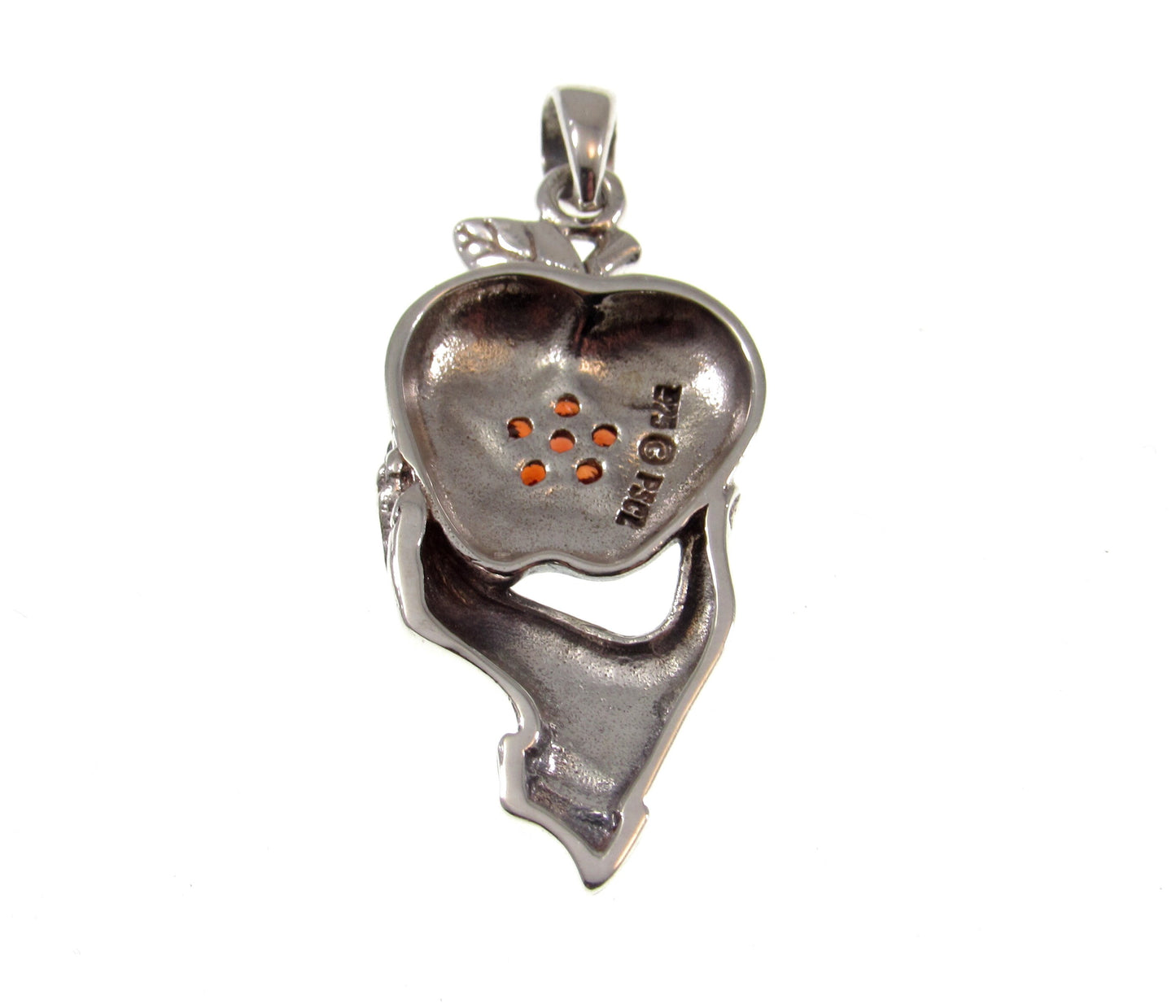 Solid 925 Sterling Silver Hand Holding Apple with Garnet and Marcasite Pentagram Pendant, Handcrafted Adam & Eve Forbidden Fruit Jewelry