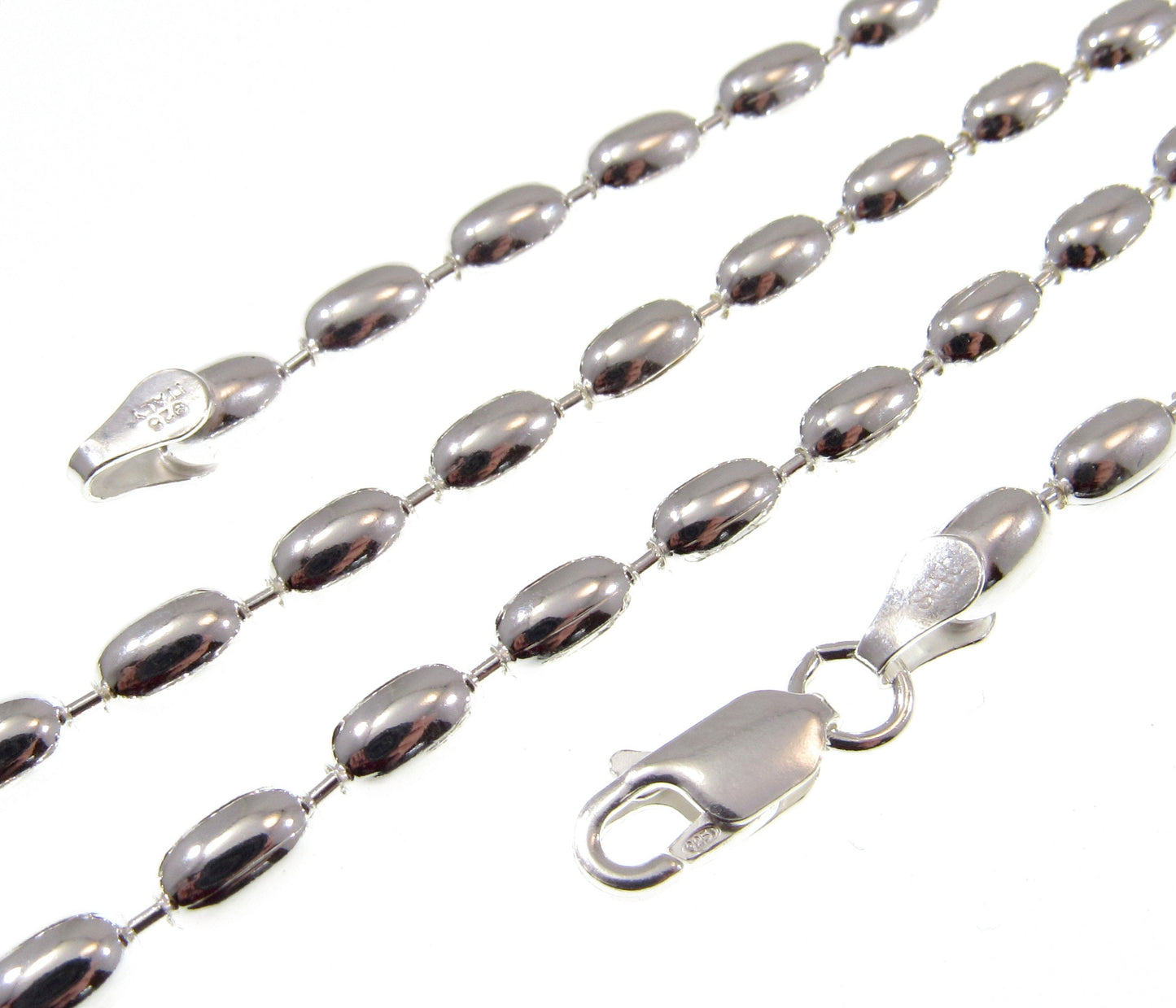4MM Solid 925 Sterling Silver Italian Oval Rice Bead DOGTAG Military Chain, Unisex Bracelet or Necklace, Made in Italy, 8 - 24 Inches