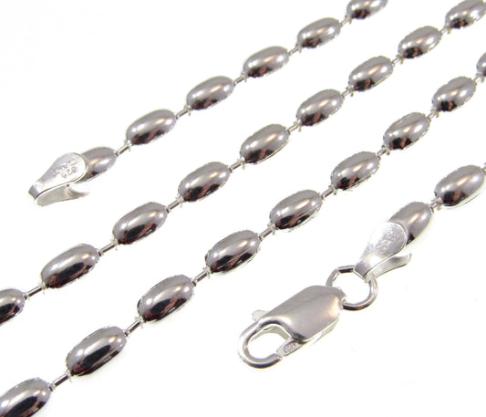 4MM Solid 925 Sterling Silver Italian Oval Rice Bead DOGTAG Military Chain, Unisex Bracelet or Necklace, Made in Italy, 8 - 24 Inches