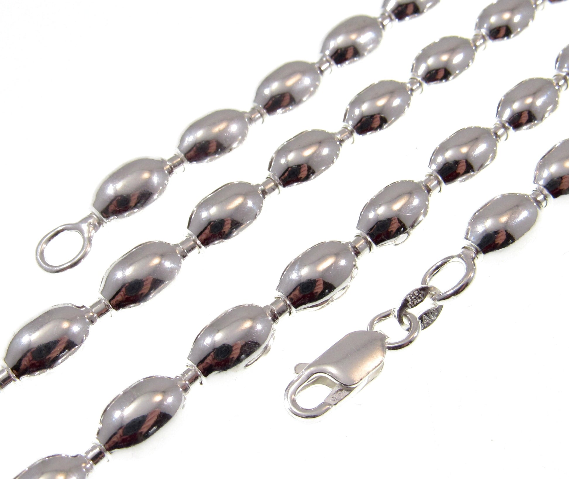 6MM Solid 925 Sterling Silver Italian Oval Rice Bead DOGTAG Military Chain, Unisex Bracelet or Necklace, Made in Italy, 9 - 24 Inches