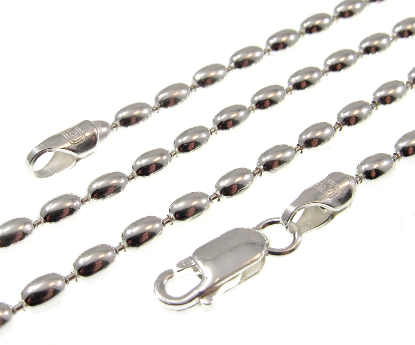 3MM Solid 925 Sterling Silver Italian Oval Rice Bead DOGTAG Military Chain, Unisex Bracelet or Necklace, Made in Italy, 8 - 36 Inches