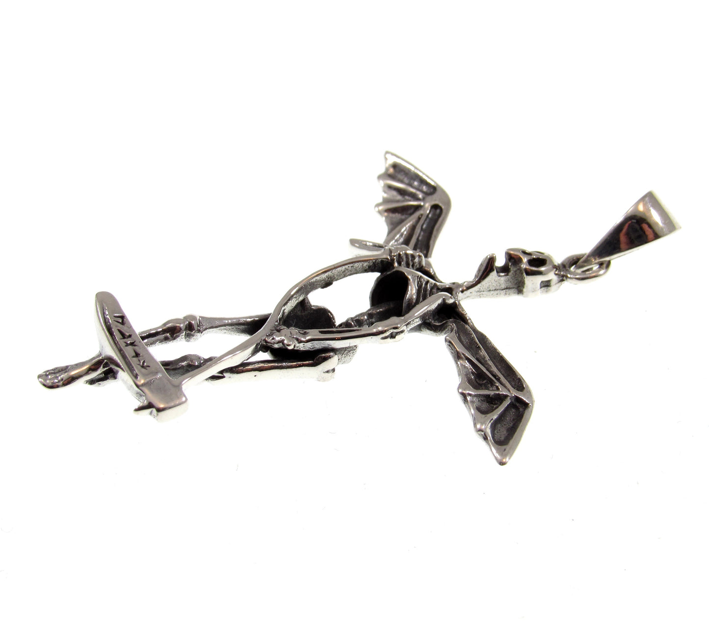 Solid 925 Sterling Silver Skeleton Wings Grim Reaper Pendant, Handcrafted Men's Biker / Punk / Rocker Jewelry
