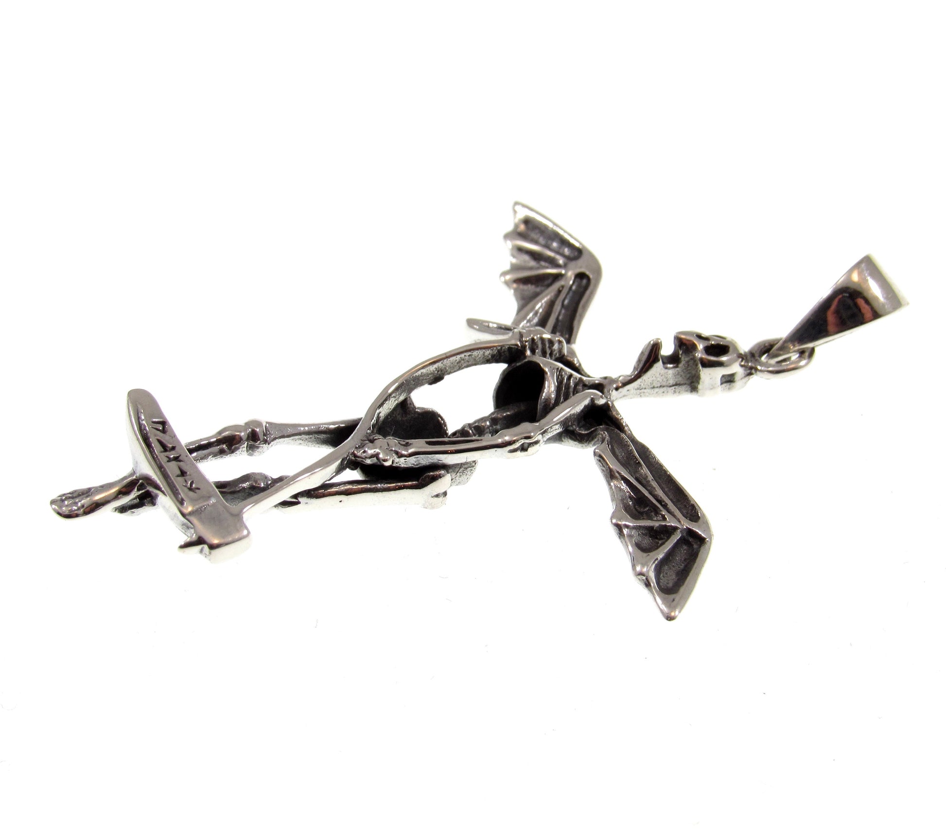 Solid 925 Sterling Silver Skeleton Wings Grim Reaper Pendant, Handcrafted Men's Biker / Punk / Rocker Jewelry