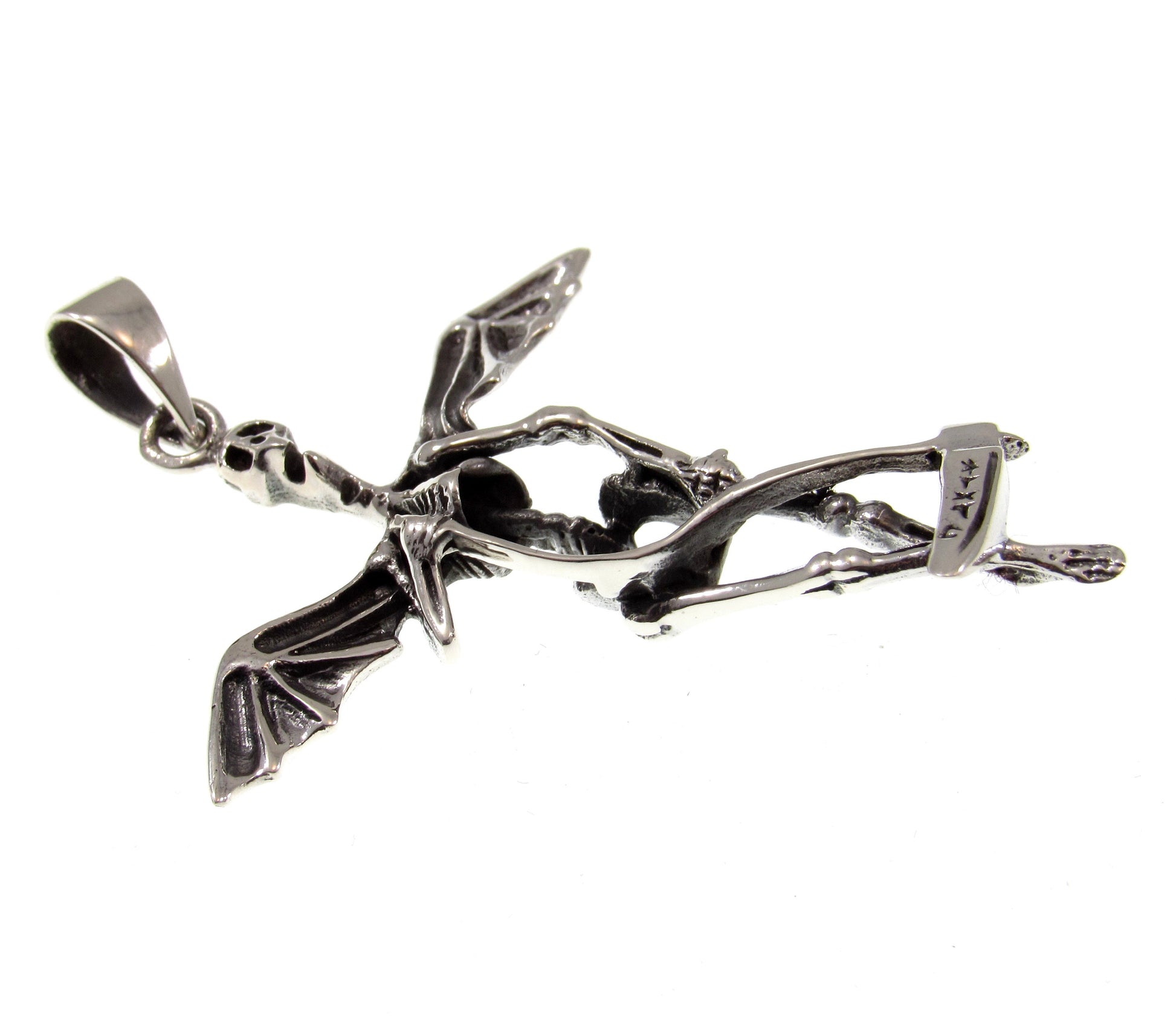 Solid 925 Sterling Silver Skeleton Wings Grim Reaper Pendant, Handcrafted Men's Biker / Punk / Rocker Jewelry