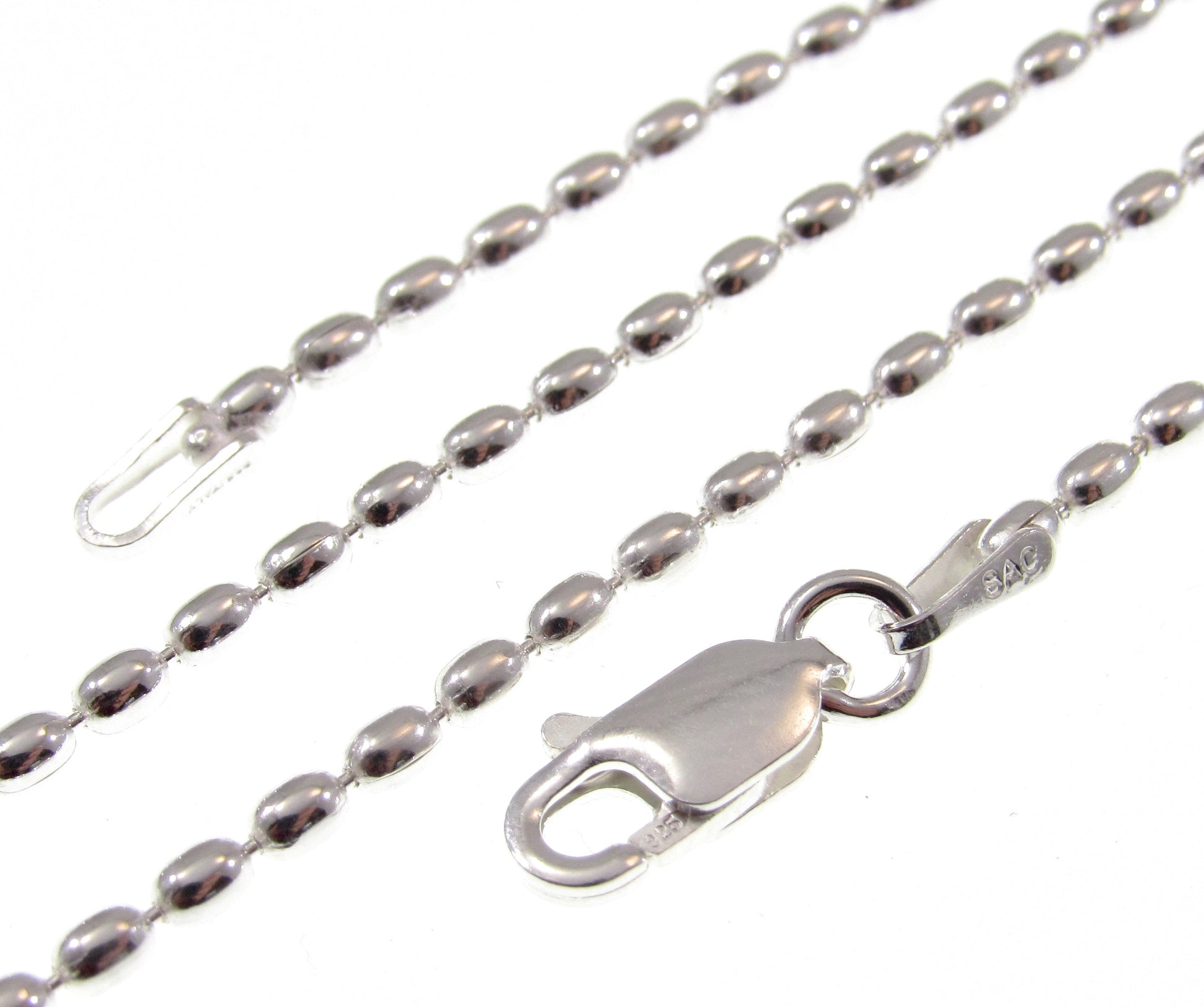 2MM Solid 925 Sterling Silver Italian Oval Rice Bead DOGTAG Military Chain, Unisex Bracelet or Necklace, Made in Italy, 8 - 20 Inches