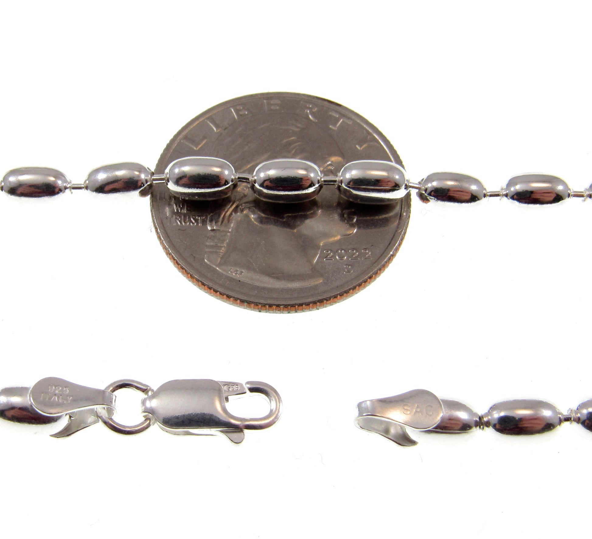 4MM Solid 925 Sterling Silver Italian Oval Rice Bead DOGTAG Military Chain, Unisex Bracelet or Necklace, Made in Italy, 8 - 24 Inches