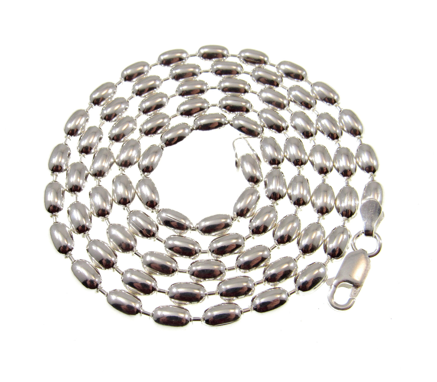 4MM Solid 925 Sterling Silver Italian Oval Rice Bead DOGTAG Military Chain, Unisex Bracelet or Necklace, Made in Italy, 8 - 24 Inches