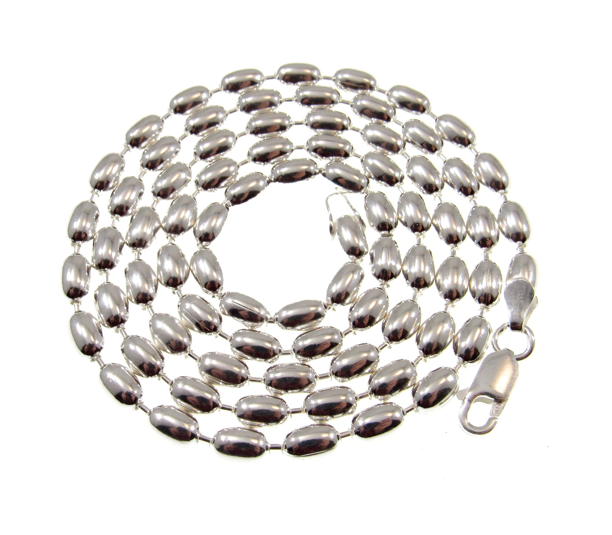 4MM Solid 925 Sterling Silver Italian Oval Rice Bead DOGTAG Military Chain, Unisex Bracelet or Necklace, Made in Italy, 8 - 24 Inches