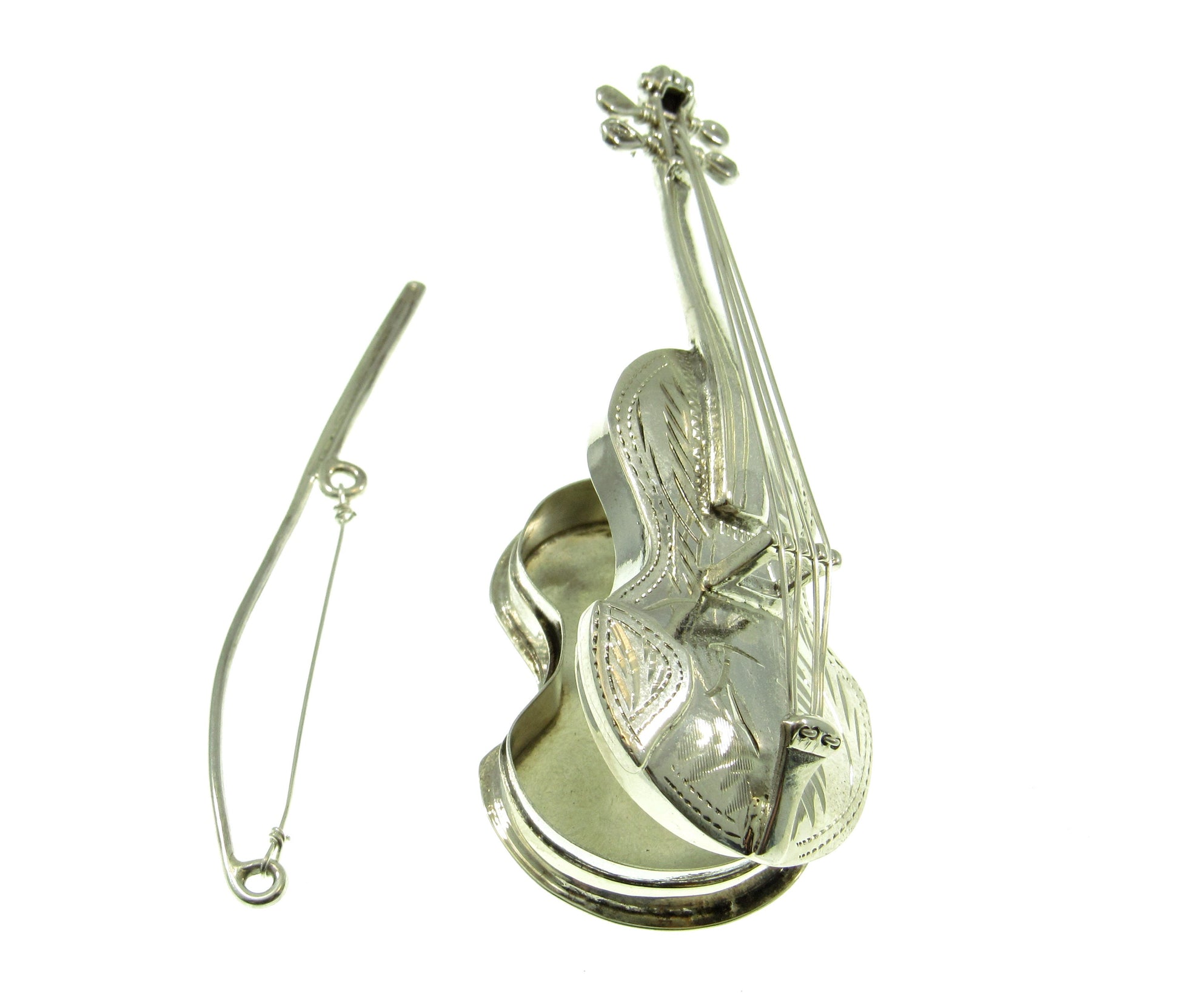 Large Solid 925 Sterling Silver Violin & Bow Locket Pendant, Handcrafted String Instrument Pill Box Jewelry