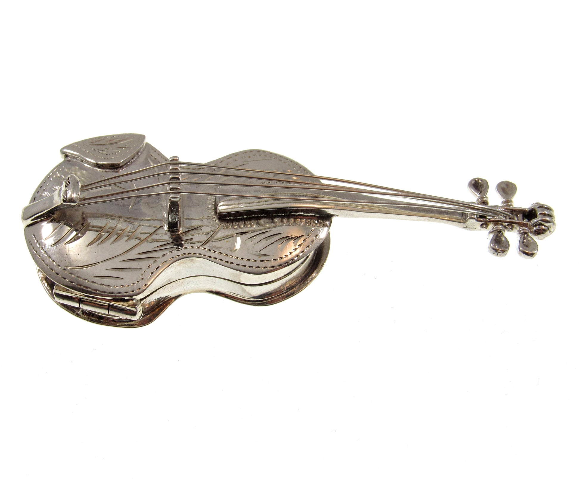 Large Solid 925 Sterling Silver Violin & Bow Locket Pendant, Handcrafted String Instrument Pill Box Jewelry