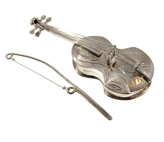 Large Solid 925 Sterling Silver Violin & Bow Locket Pendant, Handcrafted String Instrument Pill Box Jewelry