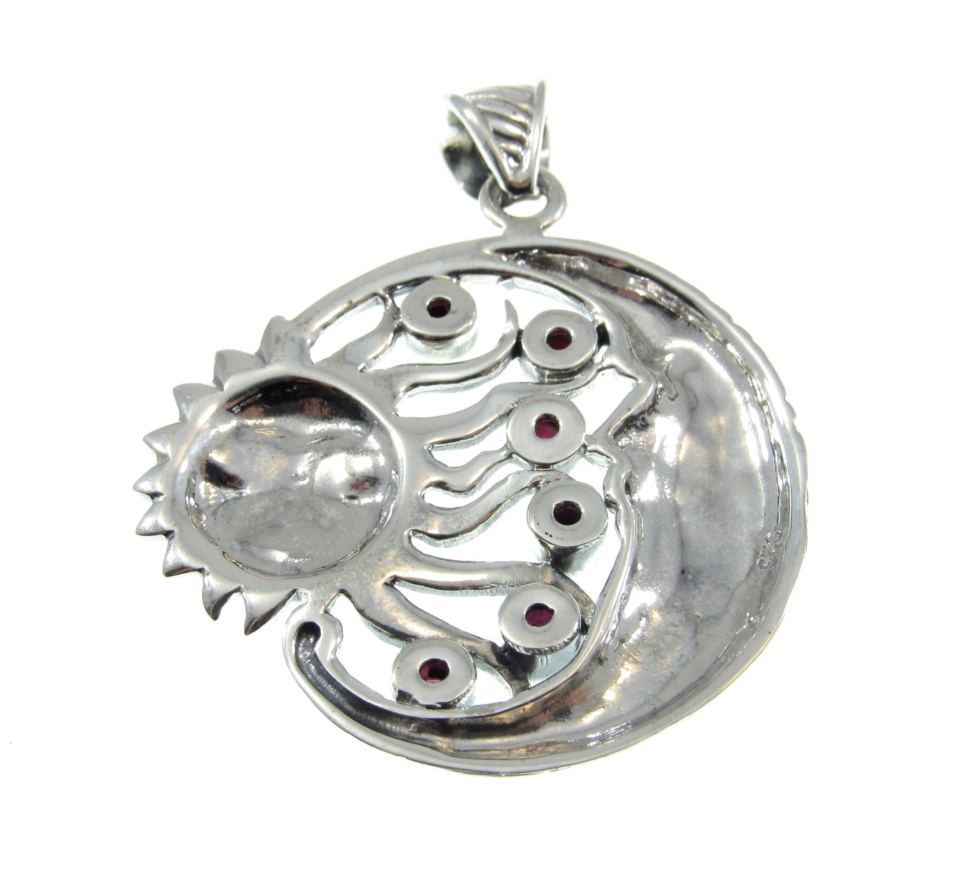 Solid 925 Sterling Silver & Garnet Gemstones Sun and Crescent Moon Faces Pendant, Handcrafted Cosmic Celestial Amulet