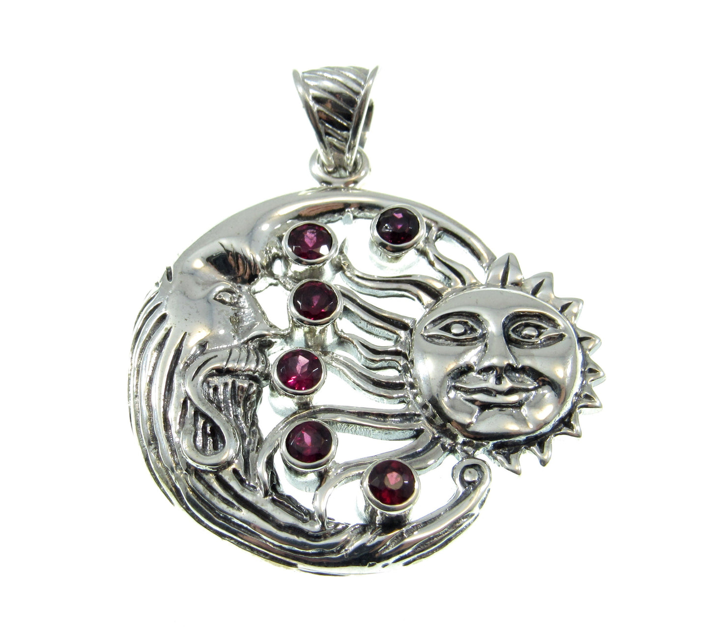 Solid 925 Sterling Silver & Garnet Gemstones Sun and Crescent Moon Faces Pendant, Handcrafted Cosmic Celestial Amulet